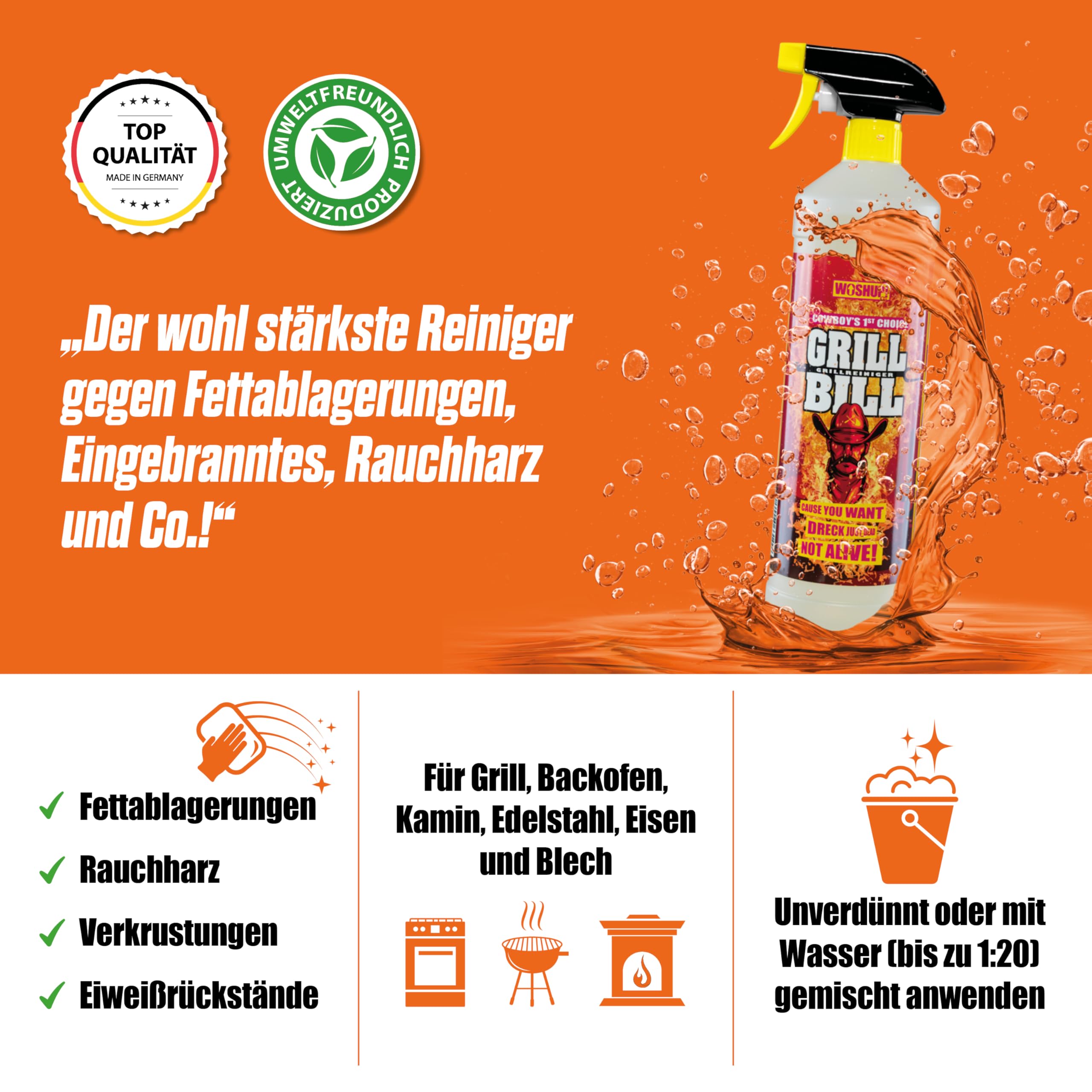Grill Bill Grillreiniger in Industriequalität 1000 ml für Gasgrill und Holzkohlegrill, Smoker und Backofen - Entfernt Eingebranntes Ruß Schmutz und Fett (2x1 Liter)