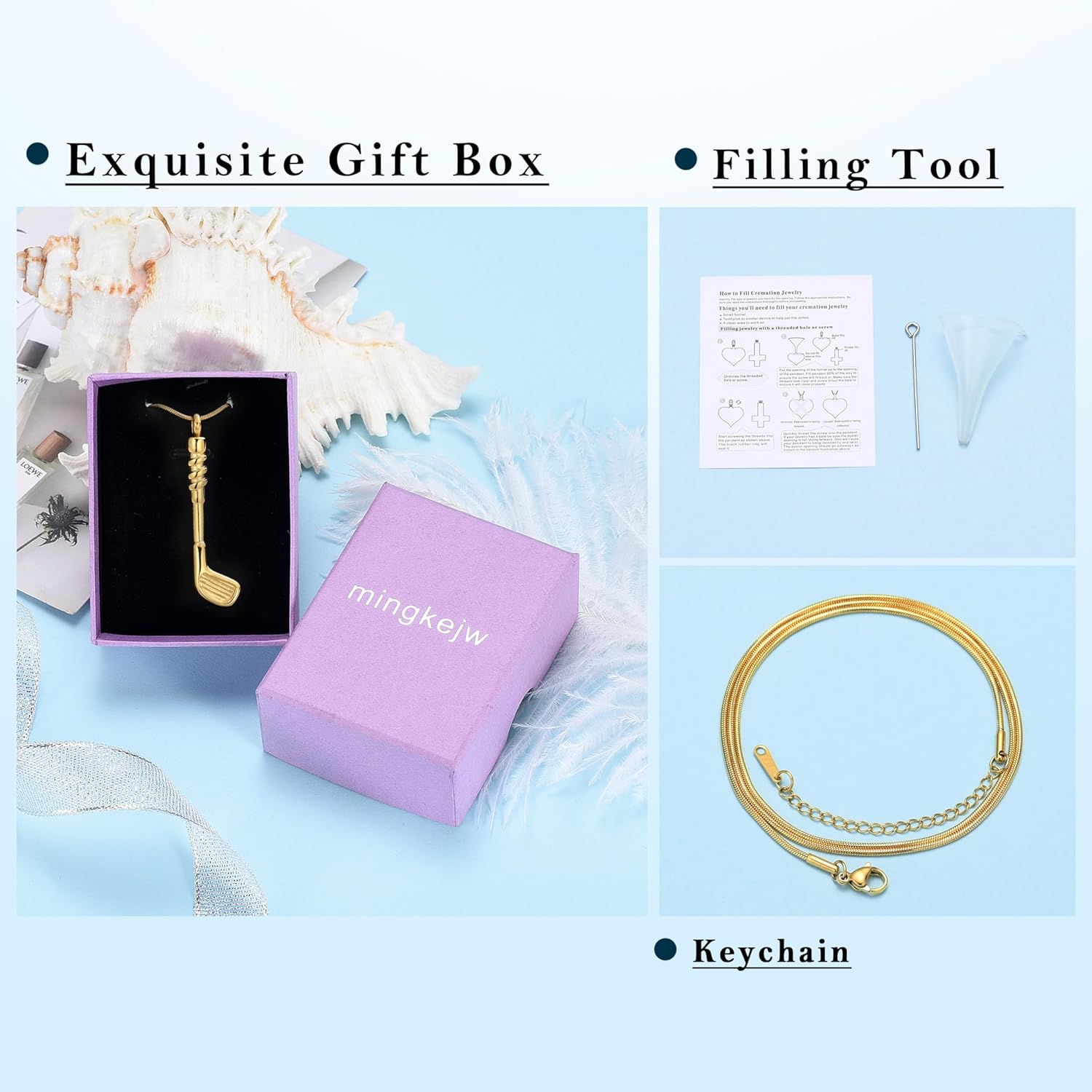 Golf Clubs Urn Necklace for Ashes Sport Cremation Jewelry Stainless Steel Memorial Necklaces Ash Holder for Human Pets Keepsake Jewelry for Loved Ones with Fill Tool - Image 7
