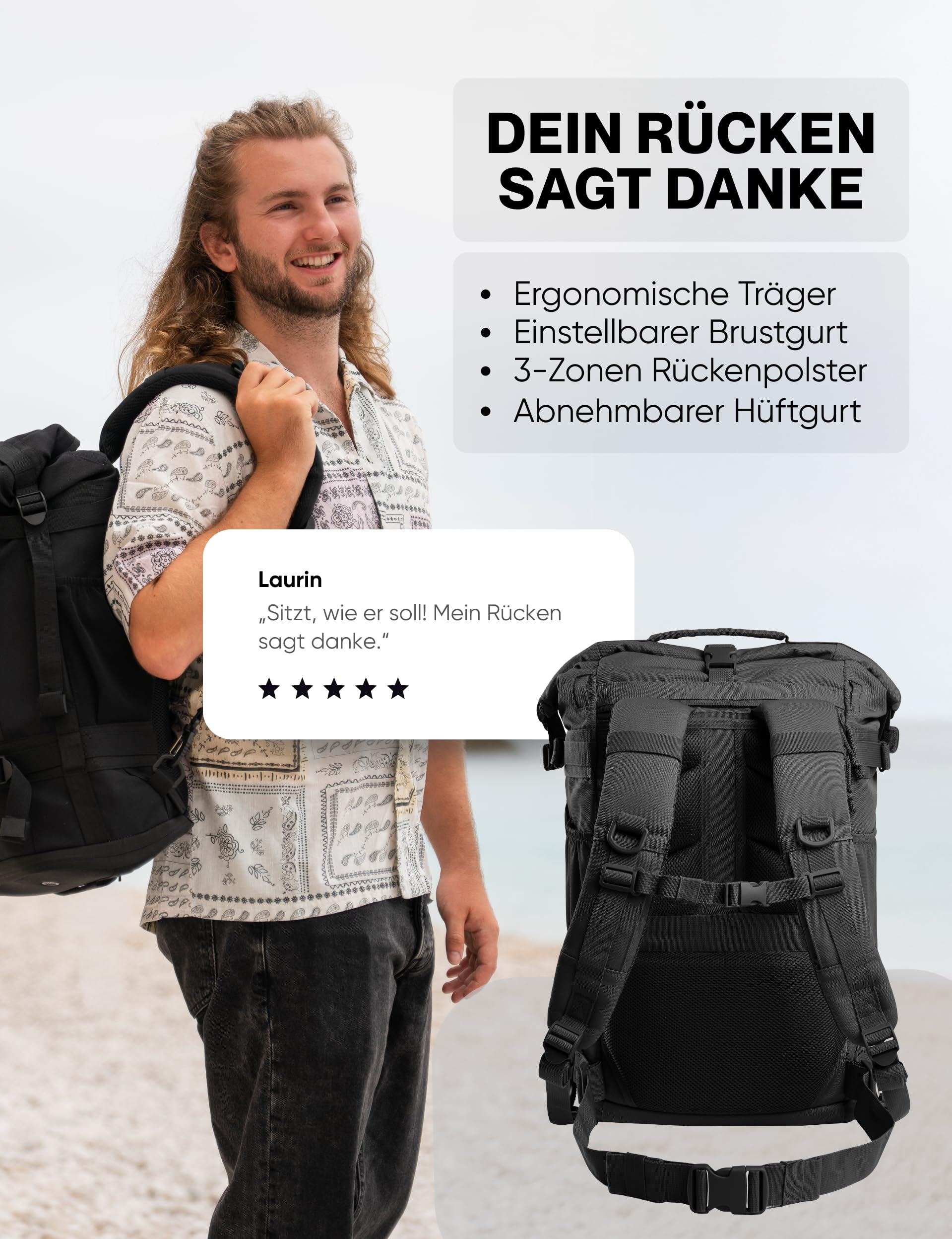 Explorer | Rolltop Rucksack Herren & Damen [30-40L] 18“ laptop backpack | Handgepäck Reiserucksack groß | Wasserabweisend | Weekender für Arbeit Uni Wandern Outdoor Survival Travel Camping und Gym
