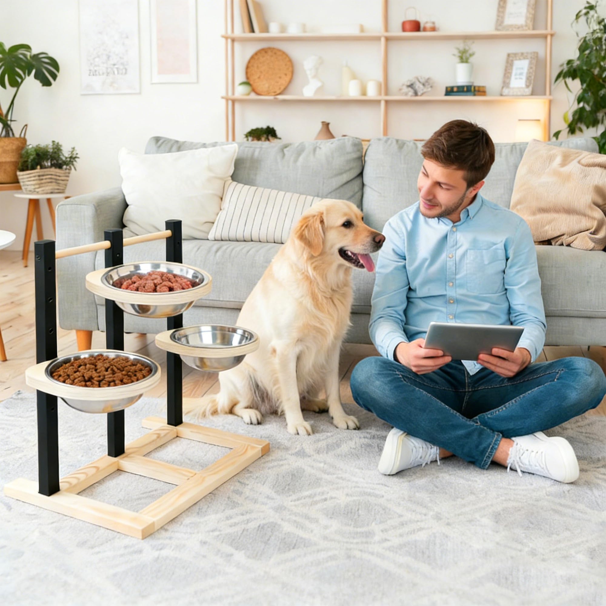 ohbien Hundenapf Erhöht für Hunde, Holz Erhöhte Hundenäpfe 5 Höhenverstellbar Hundenapf mit 3 x 1400ml Edelstahlschüssel Futternapf Futterstation für Groß, Mittel und Klein Hund