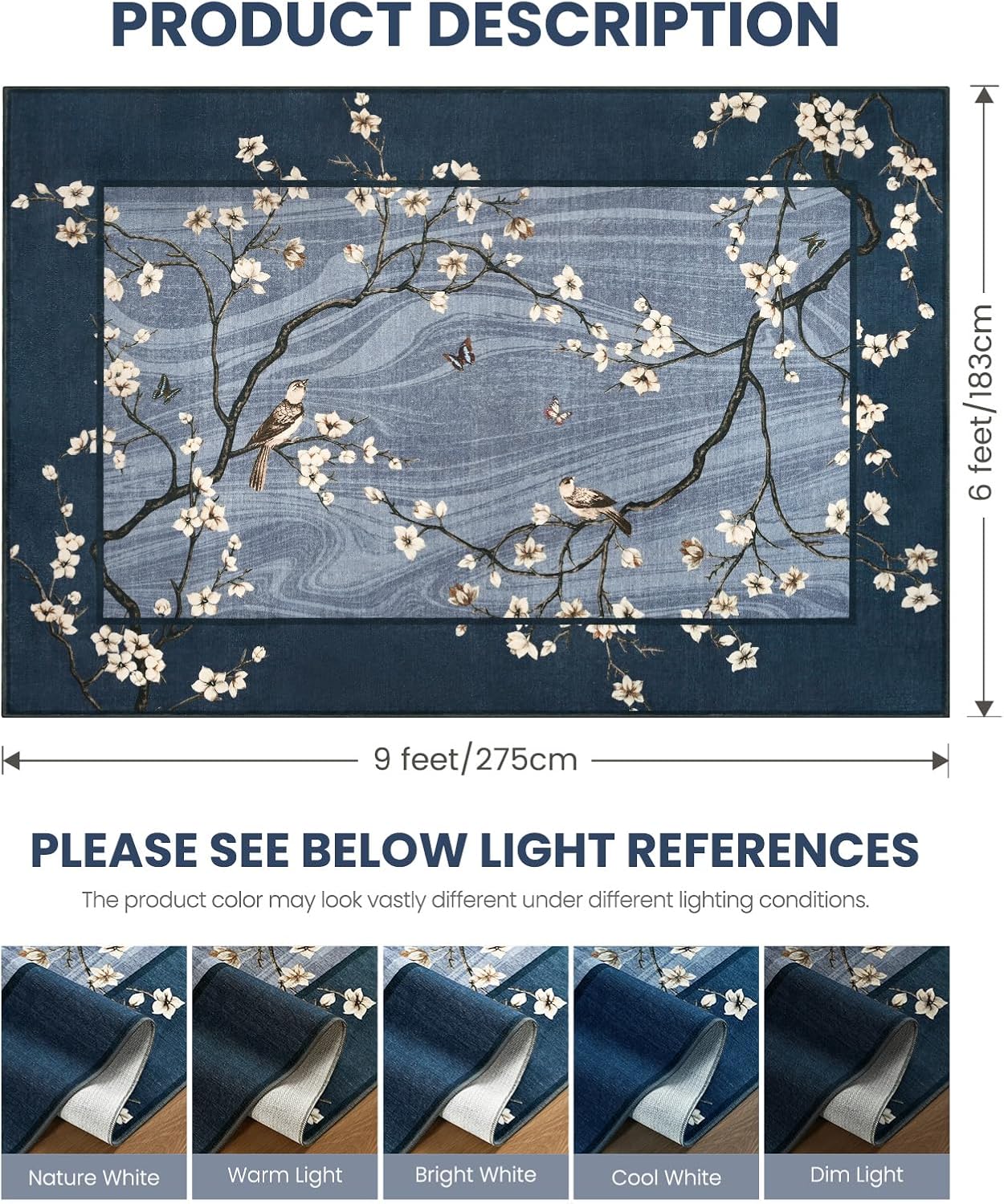 6x9 Area Rugs for Living Room Bedroom, Oriental Floral Birds Print Washable Rug, Soft Low Pile Non Slip Carpet for Dining Room Kids Room Farmhouse Office Home Decor, Blue