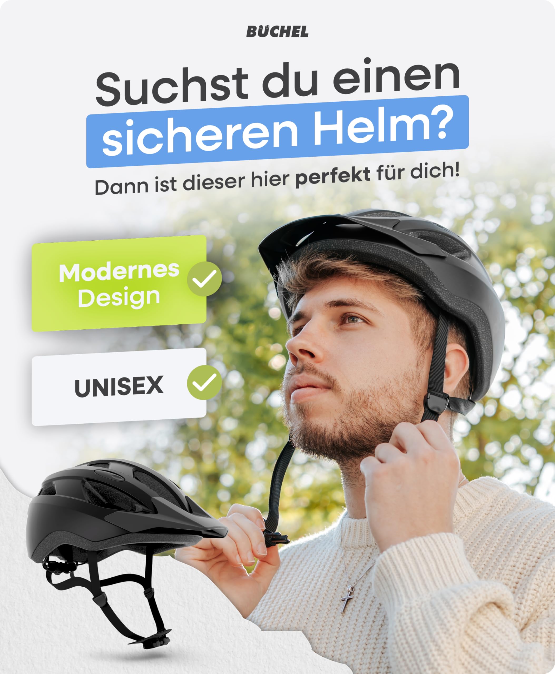 BÜCHEL Casco Bici Uomo, Donna, Bambini – Casco con Tecnologia In-Mould & Cam Lock – Imbottitura per il Mento e Rete Anti-Insetti Lavabile – Cascos Monopattino Elettrico Adulti 52-57 & 58-61 cm