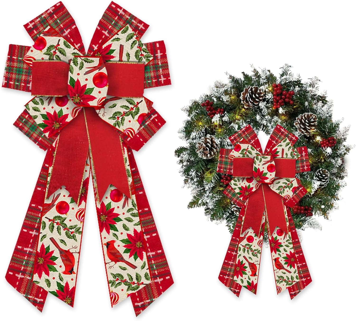 ALIBBON Large Merry Christmas Bows for Wreaths, Christmas Wreath Bows, Red Bird