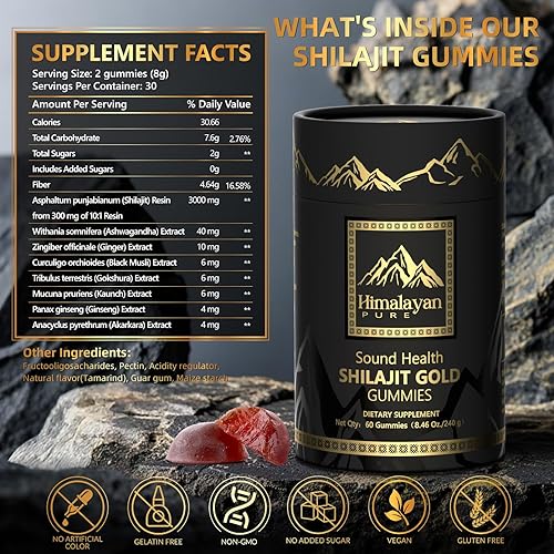 Miniatura 2 de Gomitas puras de Shilajit del Himalaya  3000 mg de shilajit con ashwagandha y ginseng  Más de 85 minerales traza y ácido fúlvico  Sin azúcar