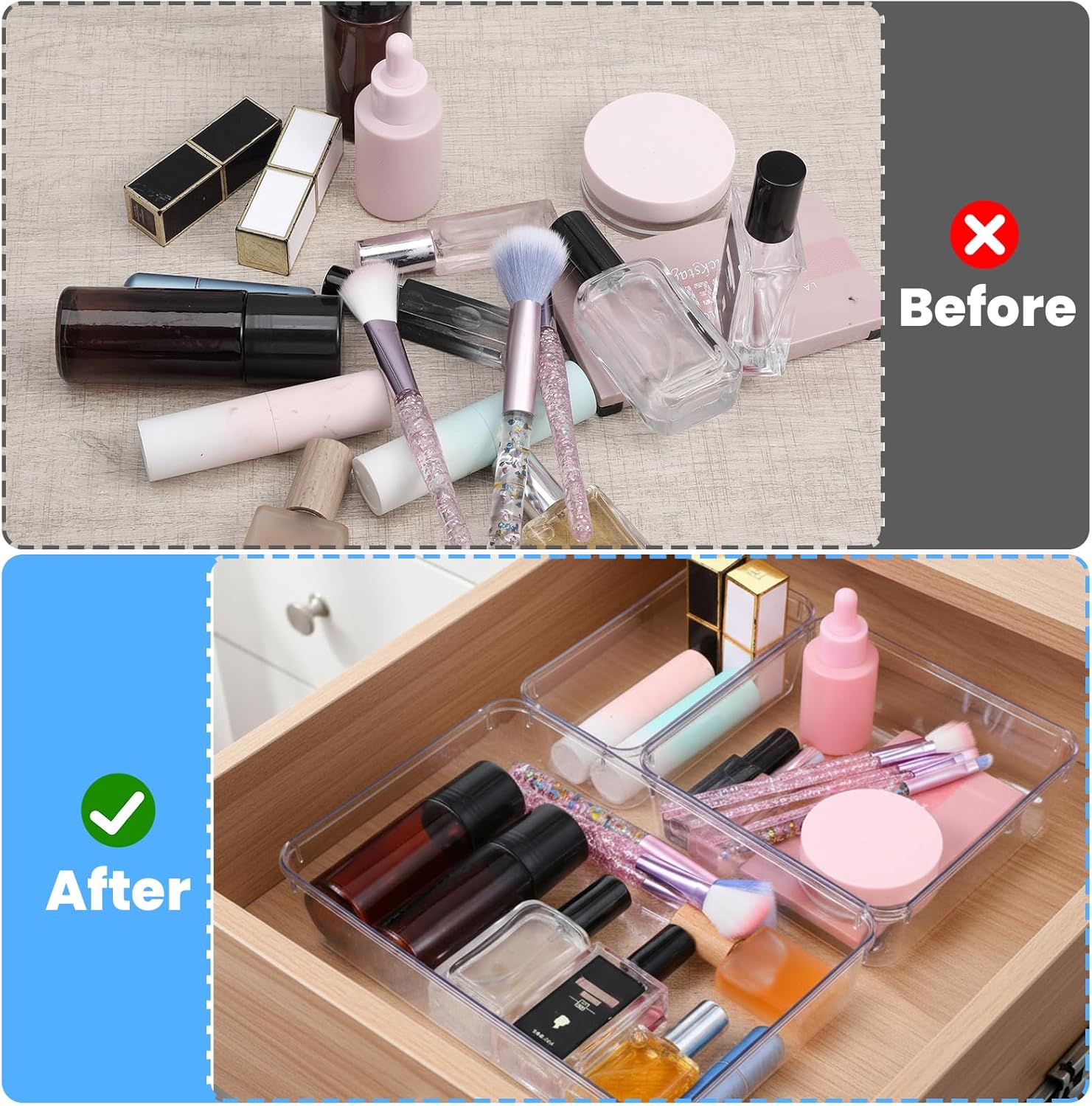 12 Pack Drawer Organizer - 3 Sizes, Clear Plastic Kitchen Drawer Organizers Set, Versatile Bathroom and Vanity Organizer Trays,Storage Bins for Makeup, Bathroom, Jewelries and Office