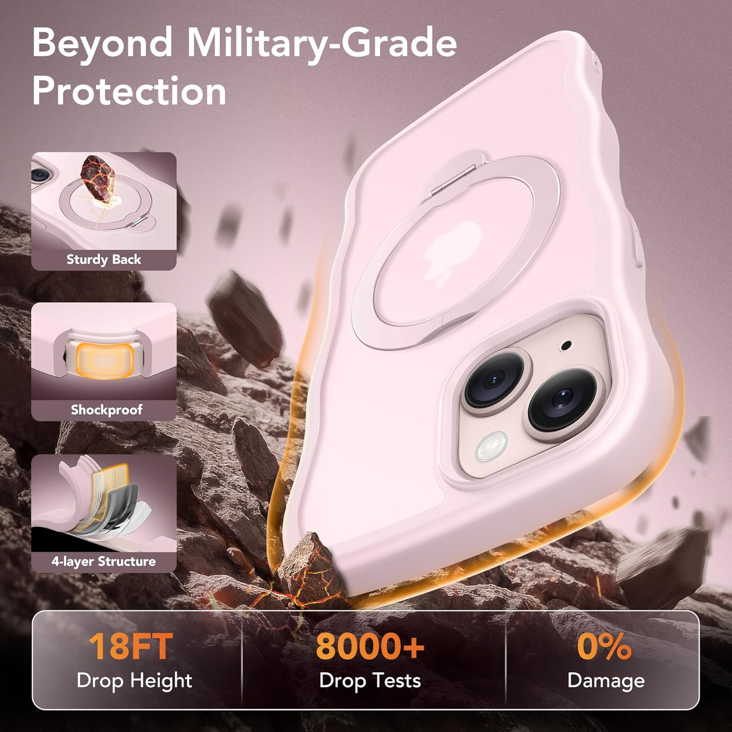 for iPhone 13 Case & iPhone 14 Case for Women,[Compatible with Magsafe][360° Spin Magnetic Stand][Cute Wave Edge][Military-Grade Protection]Translucent Matte Phone case for iPhone 13/14, Chalk Pink - Image 6