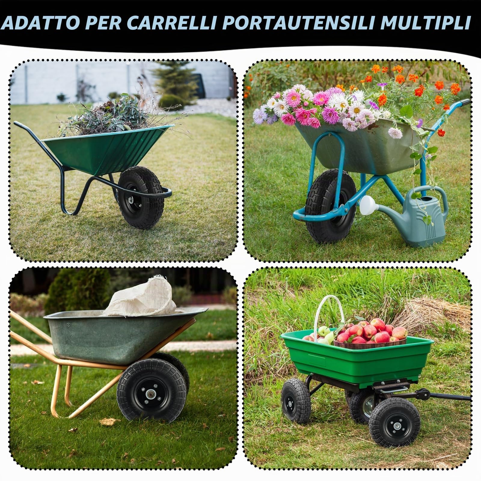 Rainmae 2 x ruote in poliuretano, 260 mm, 3.00-4, asse da 16 mm, ruota per carriola, in gomma piena, di ricambio, a prova di foratura, cerchione in acciaio