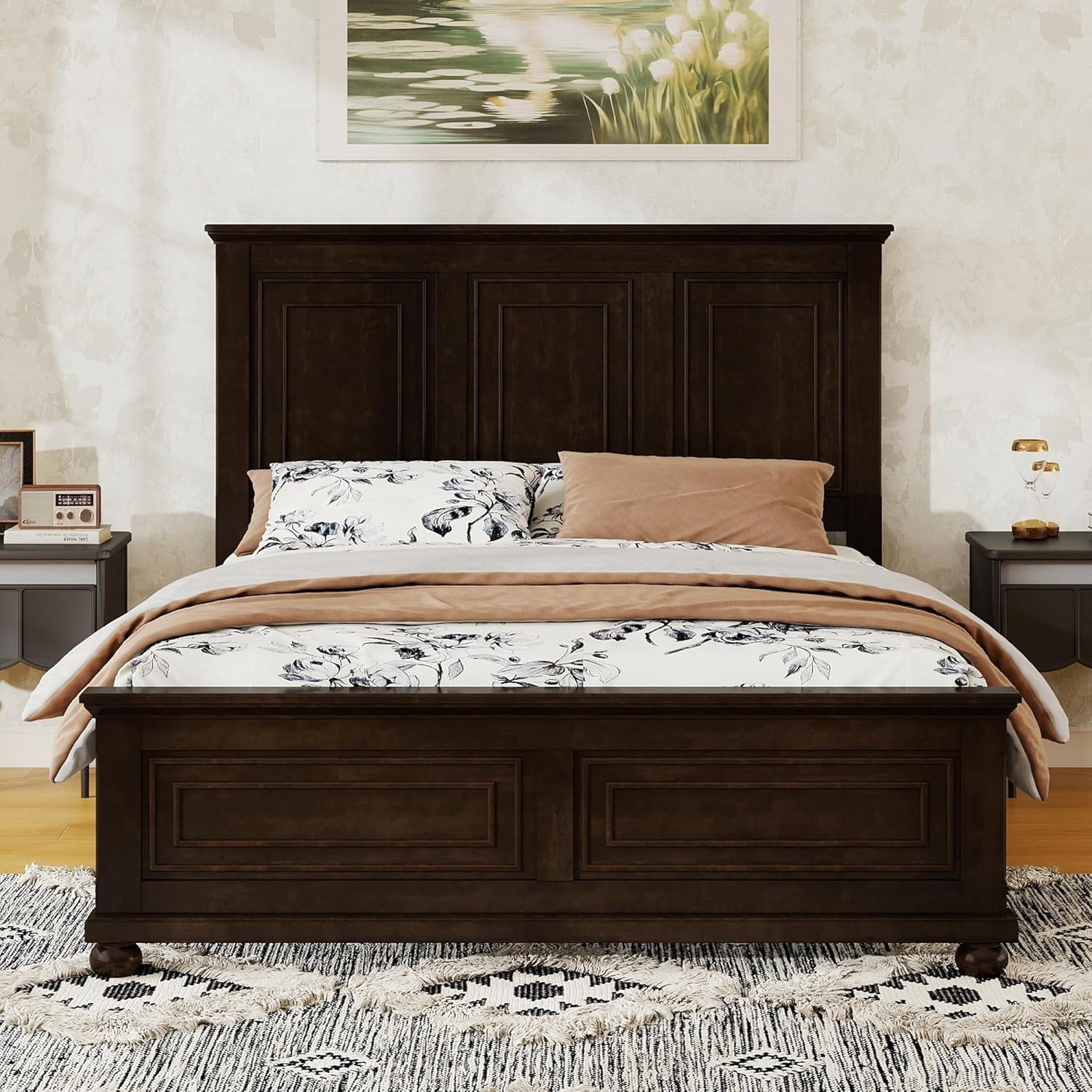 Mirightone Farmhouse Queen Bed Frame with Tall Headboard, Wood Platform Bed and Footboard & Charging Station, Mid-Centery Rustic Queen Panel Beds with Slats Support, No Box Spring Needed, Rustic Brwon