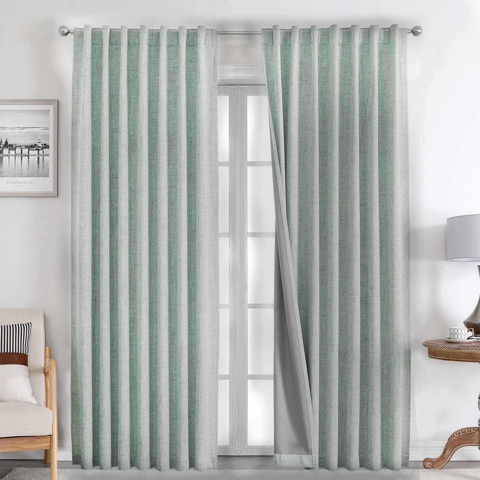Joydeco 100% Black Out Curtains 96 inch Long 2 Panels Burg Natural Blackout Linen Drapes for Bedroom Living Room Darkening Curtain Thermal Insulated Back tab Rod Pocket(37x96 inch,Sage Green)