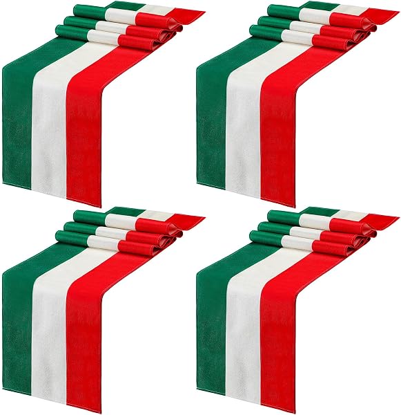 Kingdder 4 Pcs Italy Table Runner Italian Themed Party Decoration 13" x 72" Linen Red Green and White Striped Table Runner for Home Kitchen Dining Room Dinner Home Linen Decor - 1