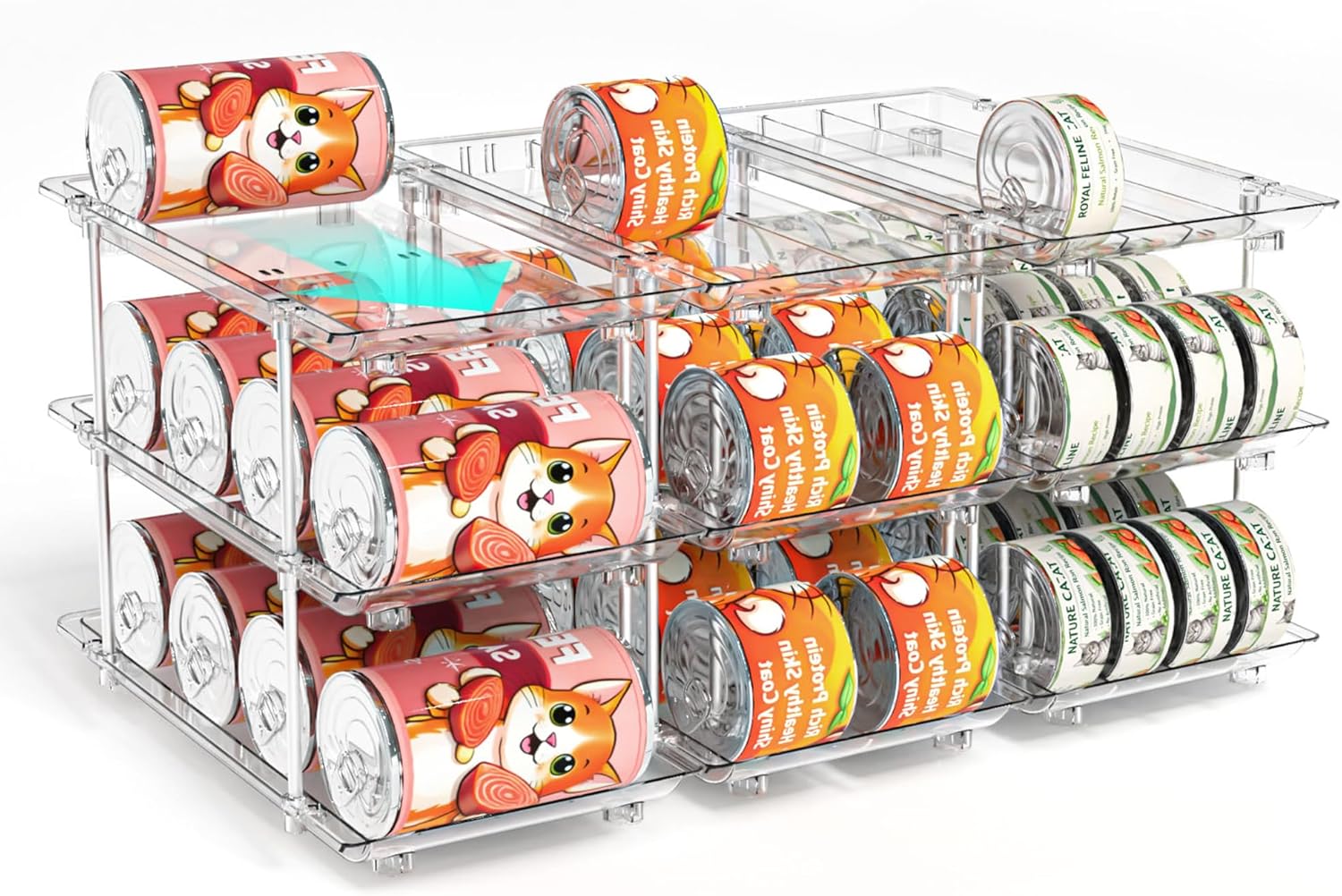 Attelite Cat Food Can Organizer, 3 Tier Can Organizer for Pantry, Rolling Stackable Cat Food Storage Rack Holds 144 (3oz) Cans, Canned Food Organizer for Pantry Kitchen Cabinet