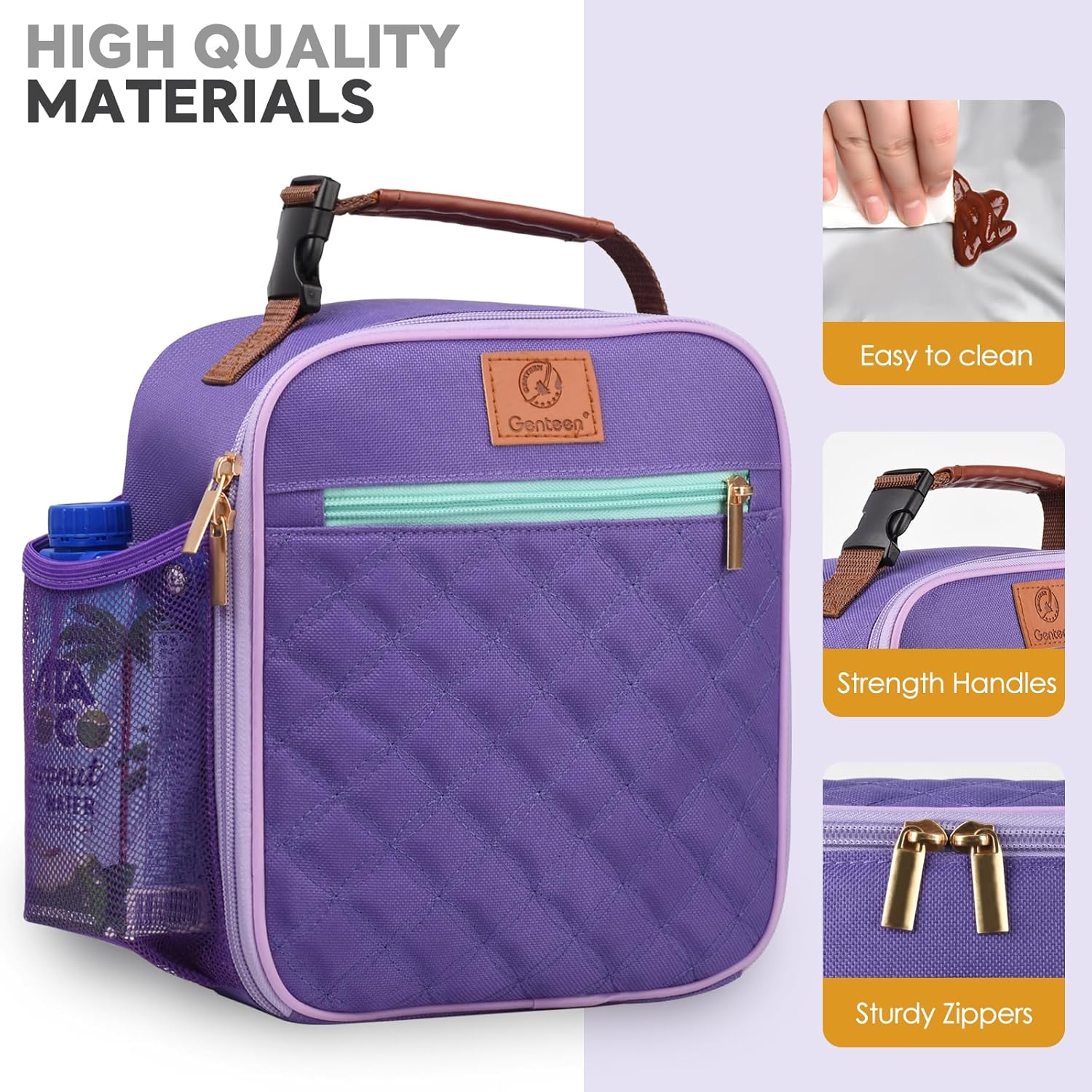 Genteen Lunch Bag for Women Men Girls Teens Insulated Leakproof LunchBox for Adult Reusable Lunch Box with Bottle Holder for Work Office School Travel Picnic-Purple/Gray