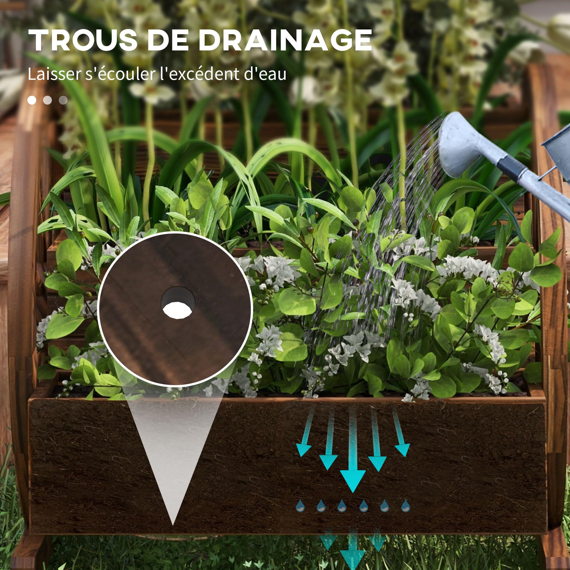 Outsunny Jardinière sur Pieds carré Potager 3 étages Style Rustique Chic avec 2 Roues Charrette Bois Sapin, Trous de Drainage, dim. 62L x 61l x 57H cm Marron