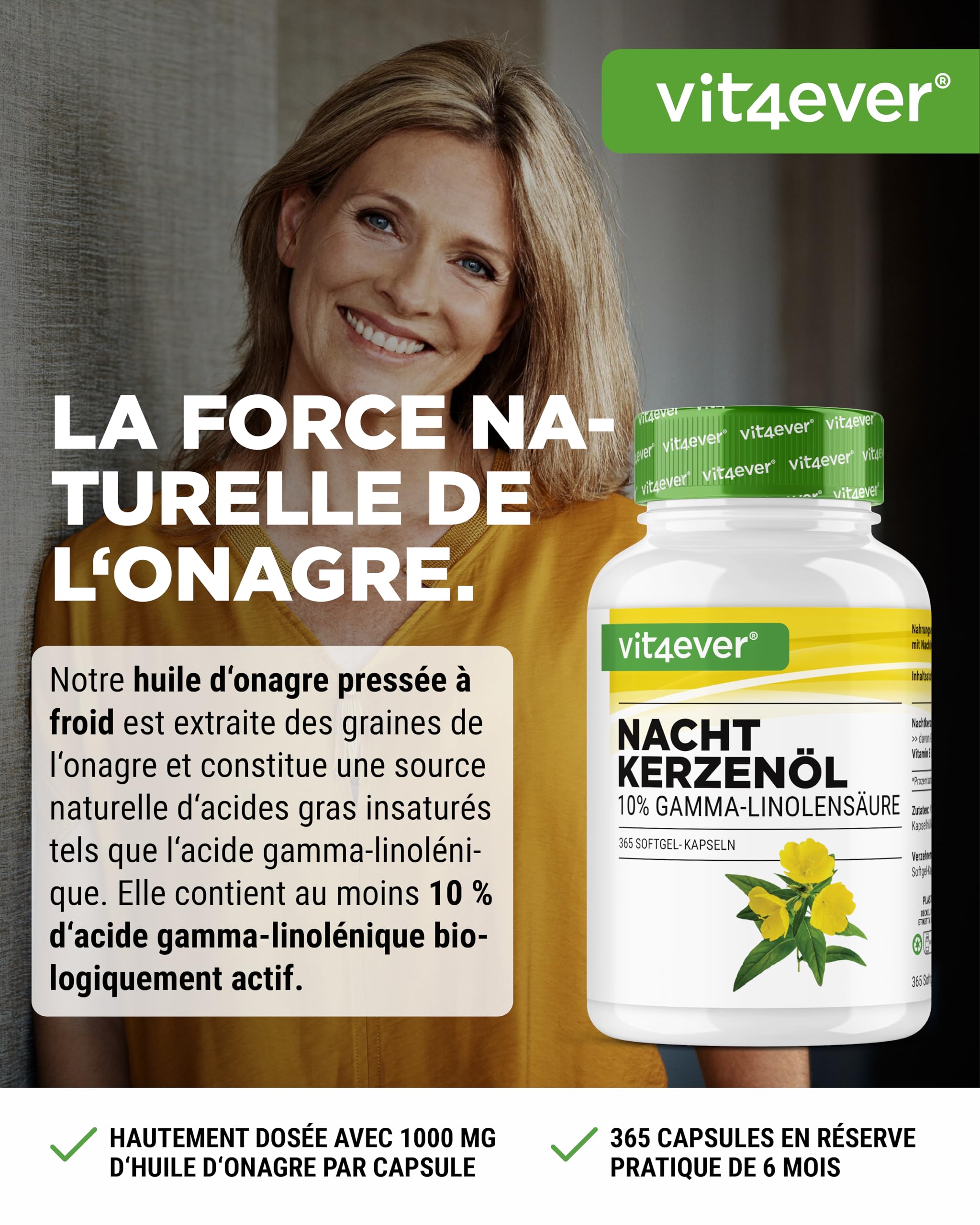 Huile d'Onagre - 365 Capsules - Fortement Dosée avec 2000 mg par Dose Journalière - Premium : 10% d'Acide Gamma-Linolénique GLA, avec Vitamine E Naturelle & Pressée à Froid