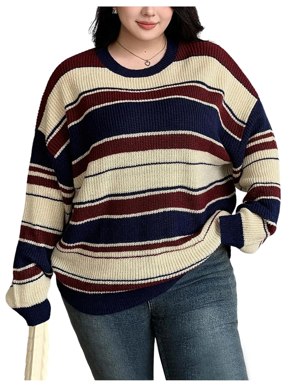 SOLY HUX Womens Plus Size Striped Sweater Long Sleeve Crew Neck Loose Knit Pullover Fall Jumper Tops