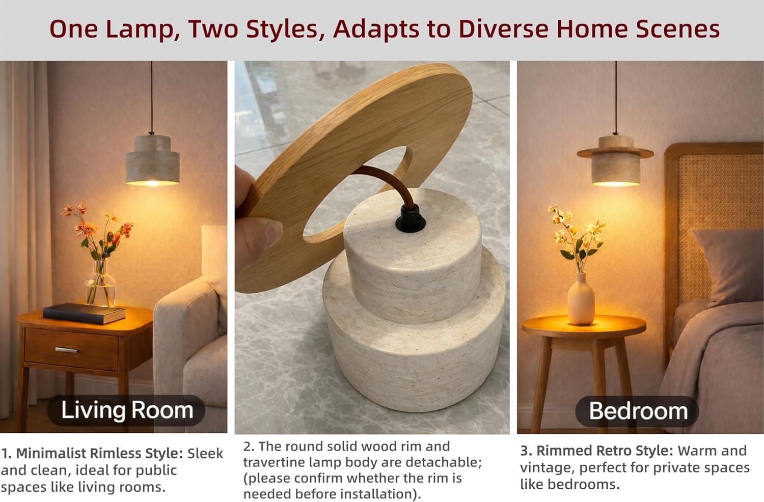 Wabi Sabi Natural Stone Pendant Light 1Pack, Travertine and Wood Hanging Ceiling Light Fixture for Kitchen Island, Dining Room, Bedroom, Hallway, Farmhouse Decor, E26 Base (Stone Round, 1)