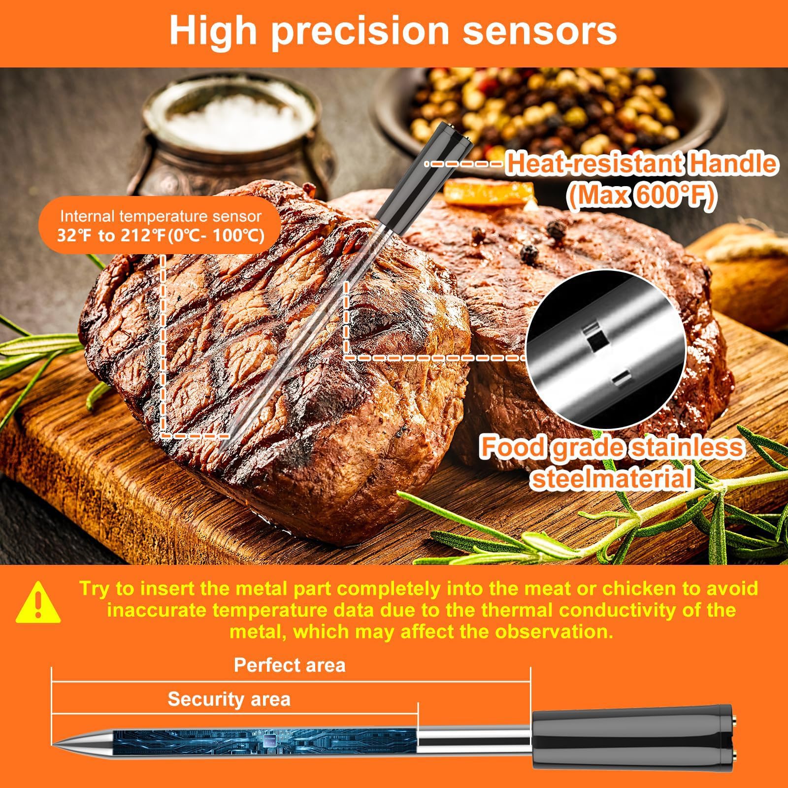 WEETIEE Jusqu'à 100m Longue Portée Thermomètre à Viande numérique sans fil Thermometre Cuisine Bluetooth intelligent Thermomètre de Barbecue Contrôle par App, Poignée en Céramique, pour Grill,four