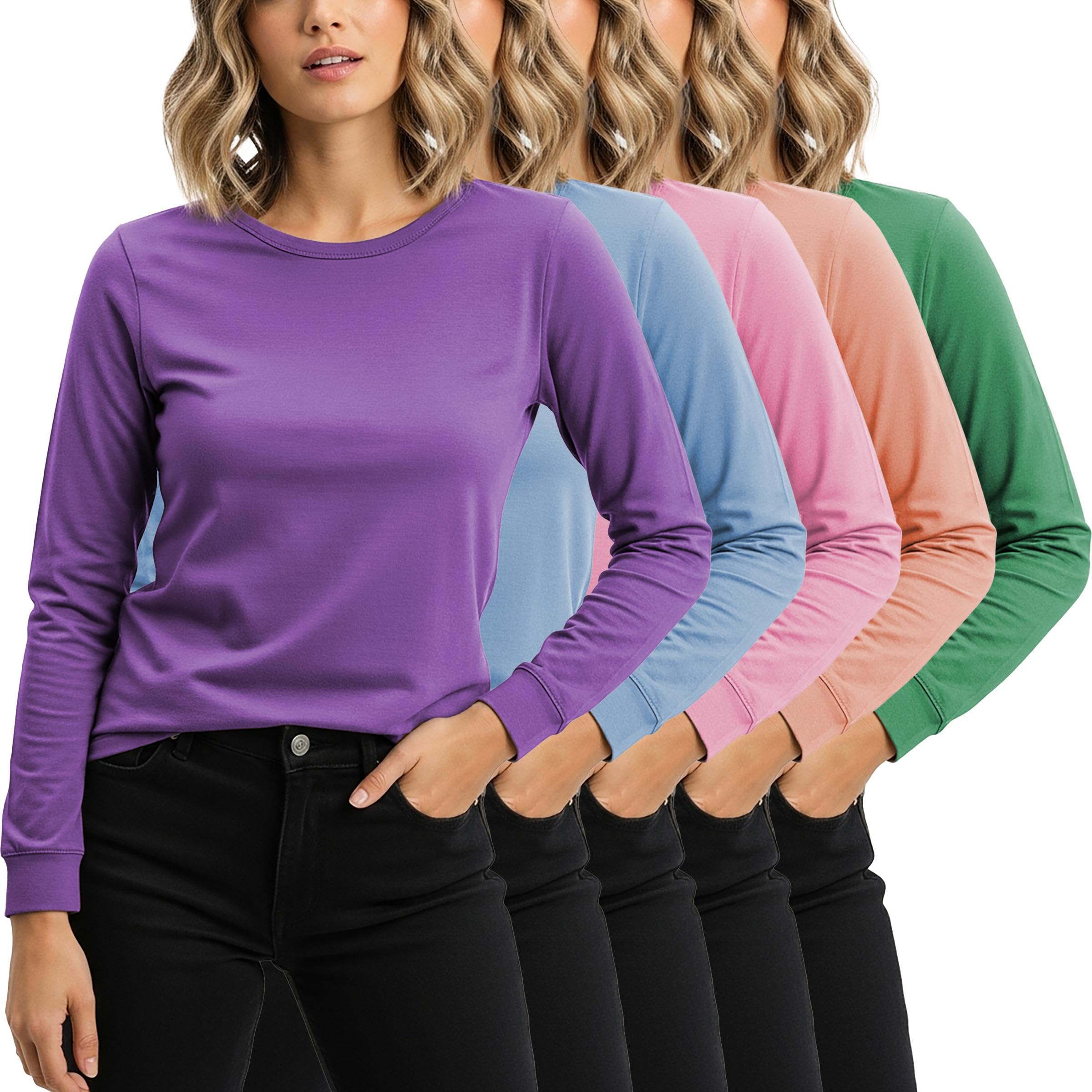 Women's Cotton Stretch Athletic T-Shirt | Long Sleeve Tops |Multi Packs Colors
