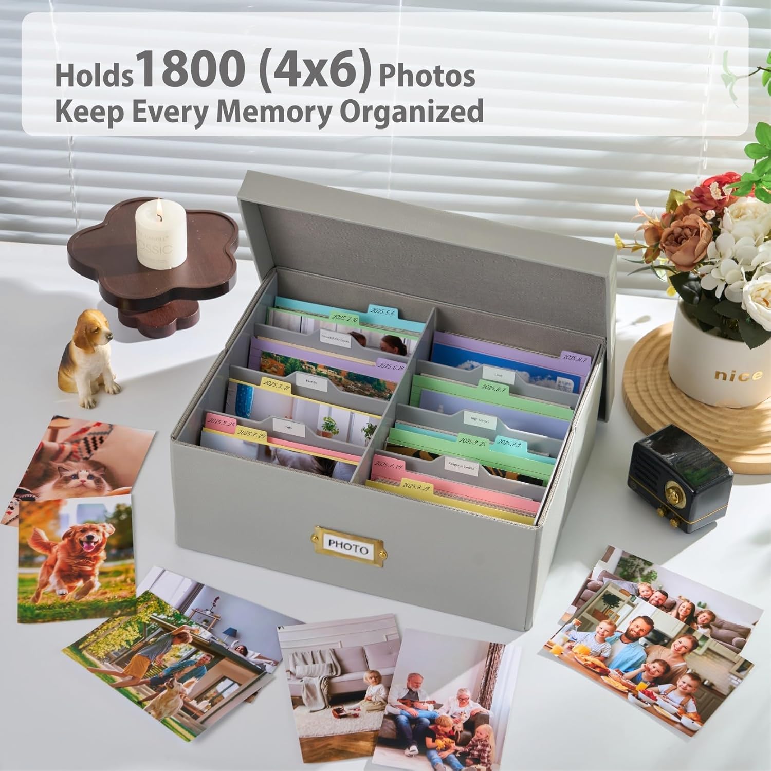 Photo Storage Box with Lid – Premium Faux Leather Organizer with Plastic Dividers, Holds Up to 1800 4x6 Photos, Memory Keepsake Storage Container for Pictures, Cards, Crafts & Scrapbook Supplies