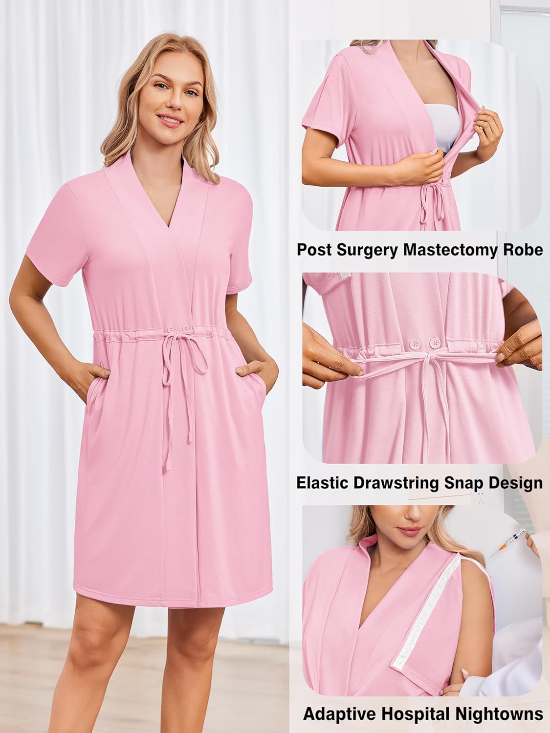 Deyeek Women's Post Surgery Mastectomy Robe with 4 Internal Drain Pockets Short Sleeve Adaptive Nightgowns Pajama Dress Shirt - Image 2