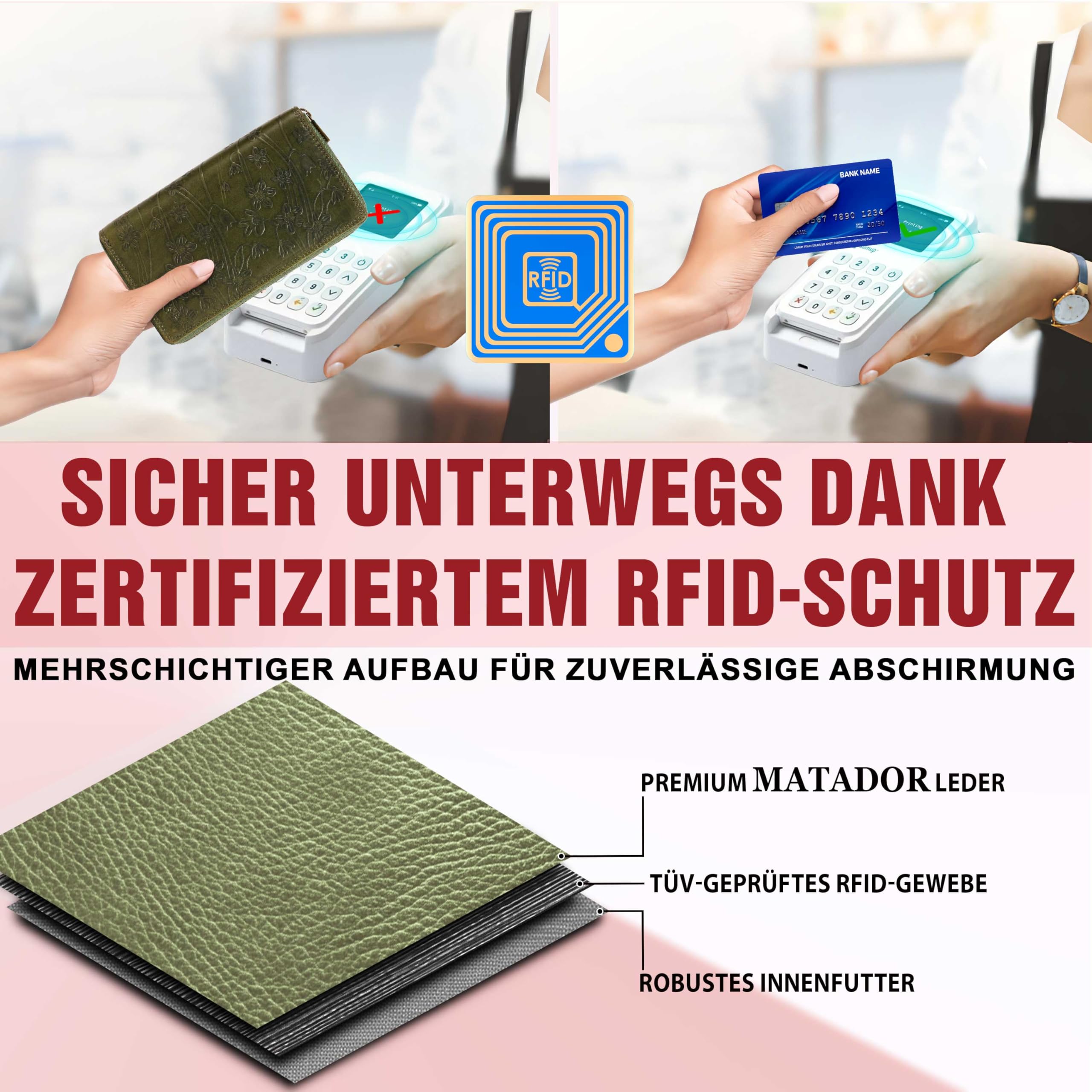 MATADOR Geldbörsen Damen Grün #Madrid mit Edle Geschenk Box, Eleganter Geldbeutel Leder mit RFID Wallet, Luxus Damen Geschenk mit Viele Kartenfächer