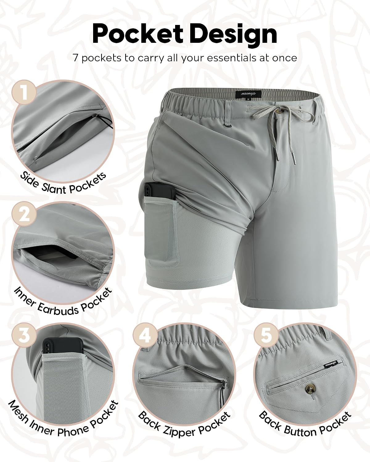 maamgic Men's Casual Shorts with Compression Liner 5/7 Inch Khaki Shorts