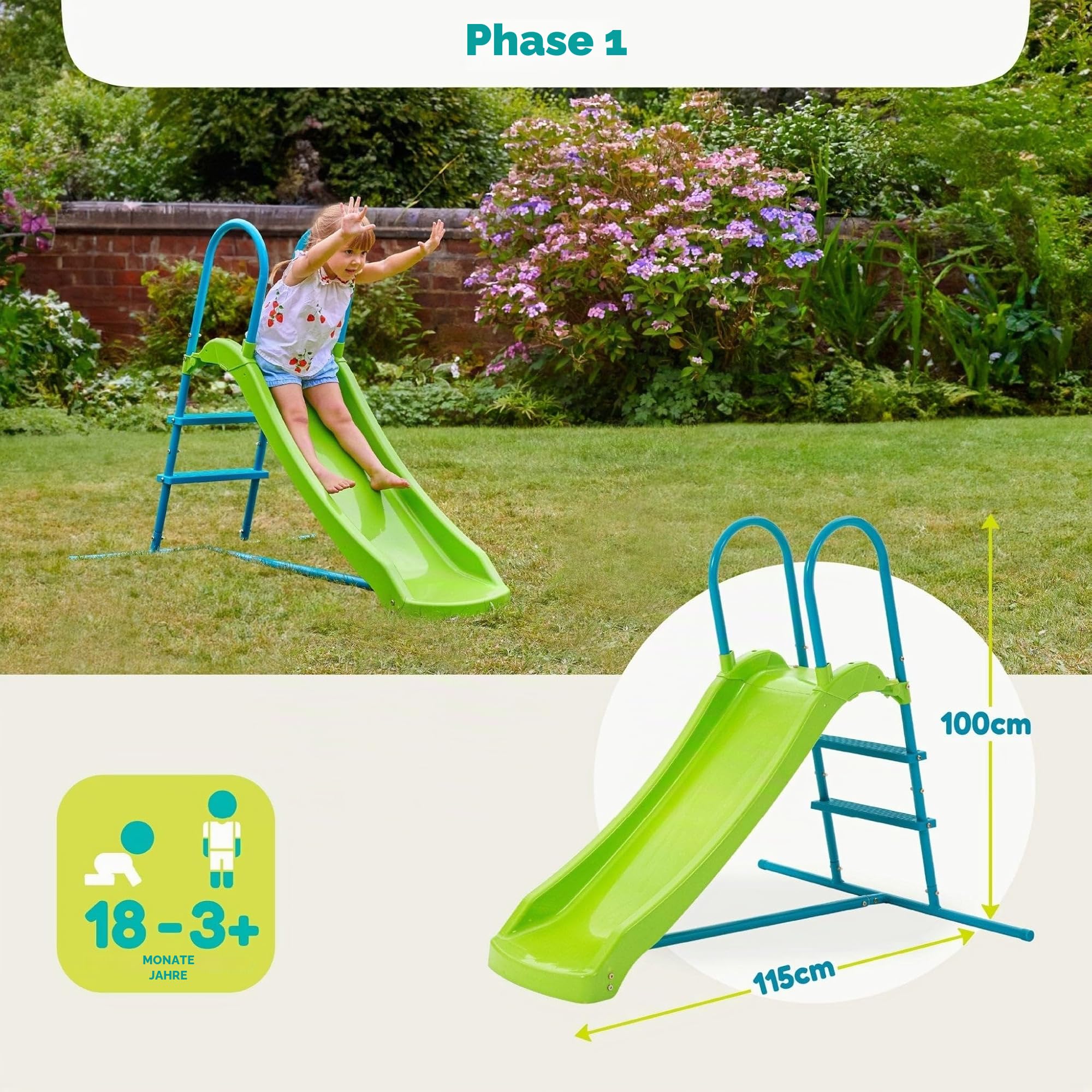 TP Toys Wachsende Rutsche – erweiterbar 1,2 m bis 1,8 m, Kinderalt 18 Monate bis 10 Jahre, langlebiger Kunststoff- und Metalldesign, einfache Montage