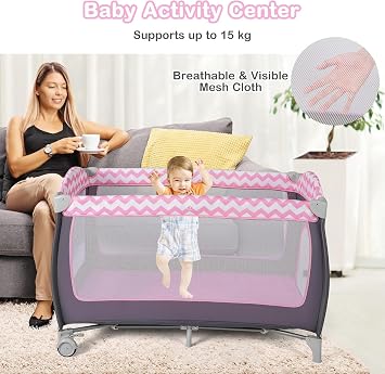 Baby Travel Cot, 4 in 1 Foldable Bedside Sleeper with Bassinet Diaper Changer Mattress Lockable Wheels 3 Hanging Toys Carry Bag, Crib Playard Pack and Play for Newborn Infant Toddler (Pink)