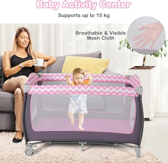 Baby Travel Cot, 4 in 1 Foldable Bedside Sleeper with Bassinet Diaper Changer Mattress Lockable Wheels 3 Hanging Toys Carry Bag, Crib Playard Pack and Play for Newborn Infant Toddler (Pink)
