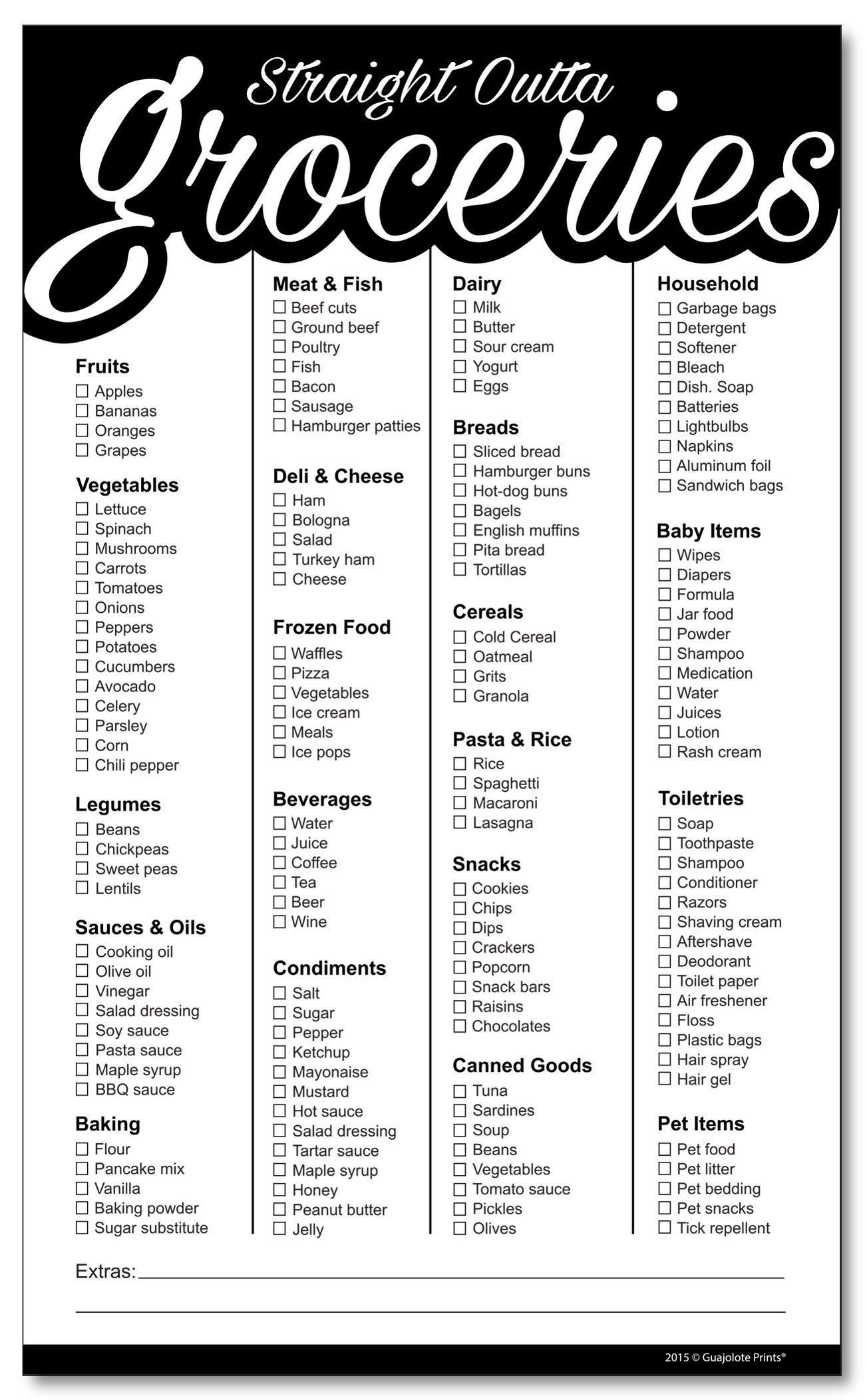 Guajolote Prints Grocery List Magnet Pad for Fridge (Black) Funny Shopping List Notepad, 9.5 x 5.75 inches