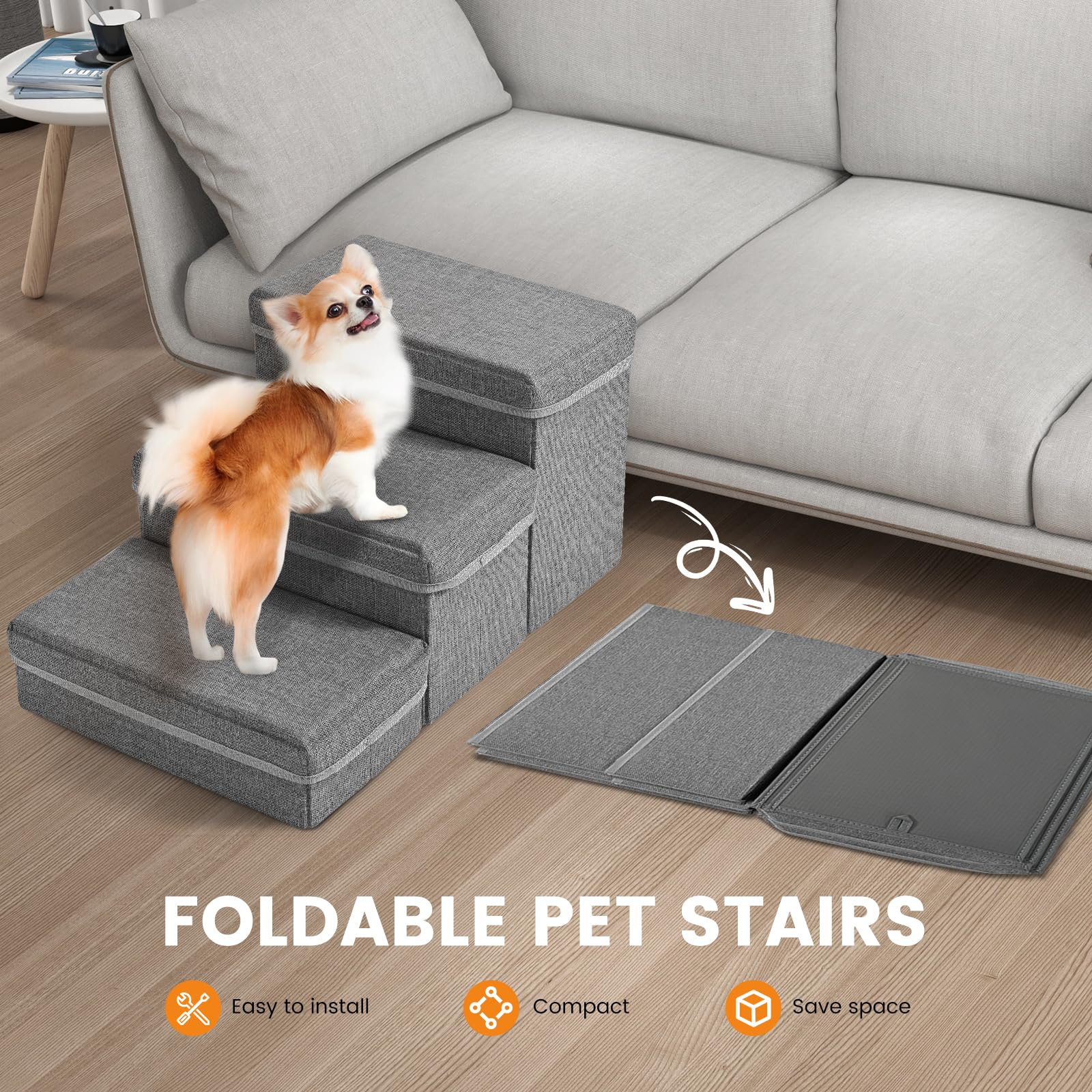 Escalier pour Chien, Sunowl Pliable Escalier Chien en 3 Marches, Extra Larges Rampe pour Chien avec Rangement, Surface Antidérapante, Aide l'animal à Monter Facilement, Escalier pour Chien et Chats