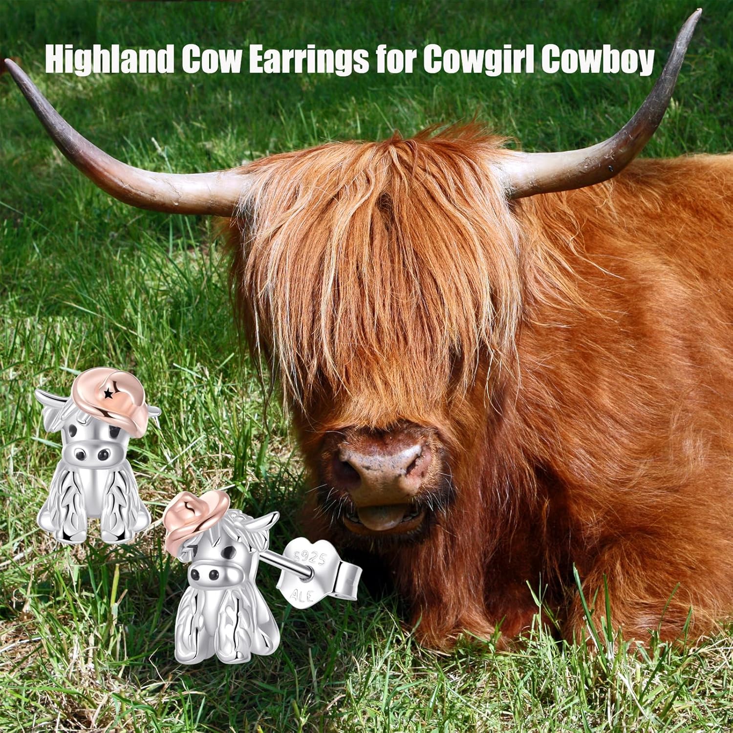 Highland Cow Earrings 925 Sterling Silver Cowgirl Cowboy Hat Earrings Cute Animal Stud Western Jewelry Scottish Highland Cow Gifts for Women