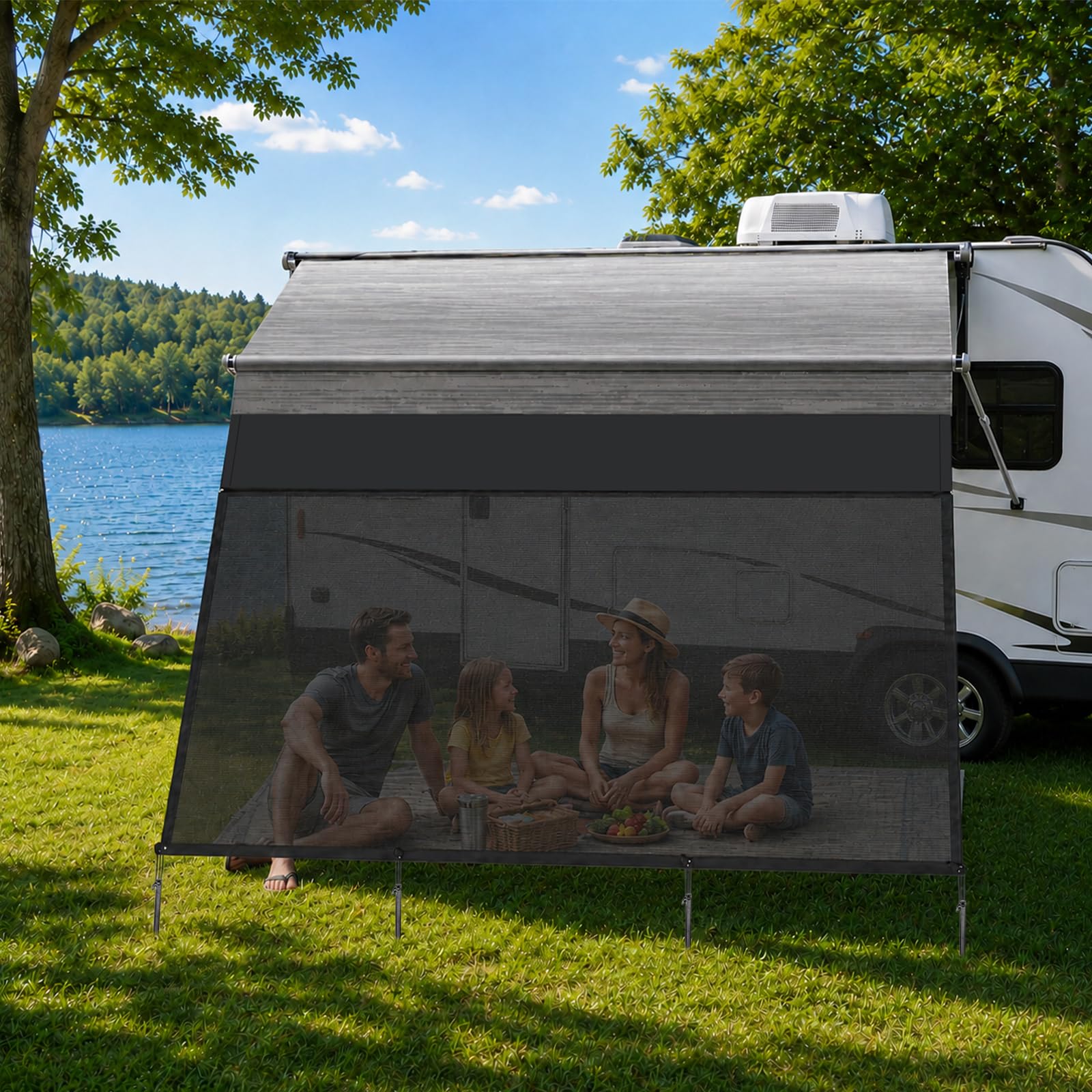 ACESOME Wohnmobil Markise, 244cm x 405cm Sunblocker Markise mit Reißverschluss Verstellbarem Panoramafenster, Sonnenschutz Markise Sicht- und Sonnenschutz