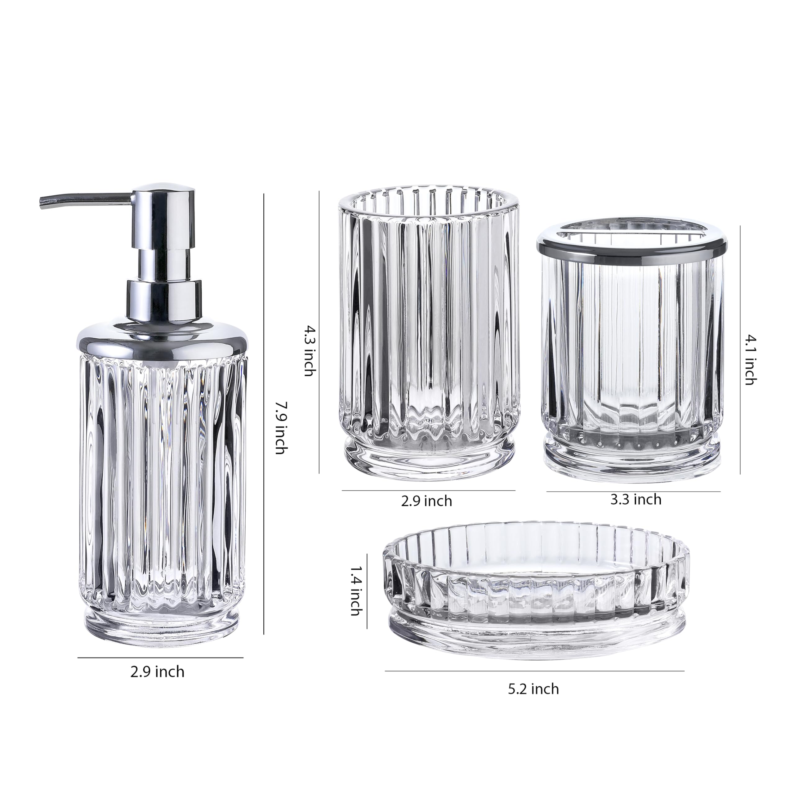 Juego de accesorios de baño de cristal de 4 piezas, diseño acanalado de cristal transparente, dispensador de jabón, soporte para cepillo de dientes, vaso, jabonera