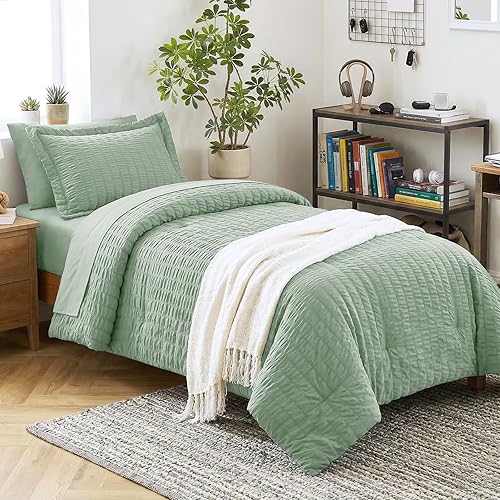 Miniatura 83 de CozyLux - Juego de edredón doble con sábanas de 5 piezas, color blanco con textura de sirsaca en una bolsa para niñas, juego de ropa de cama de lujo