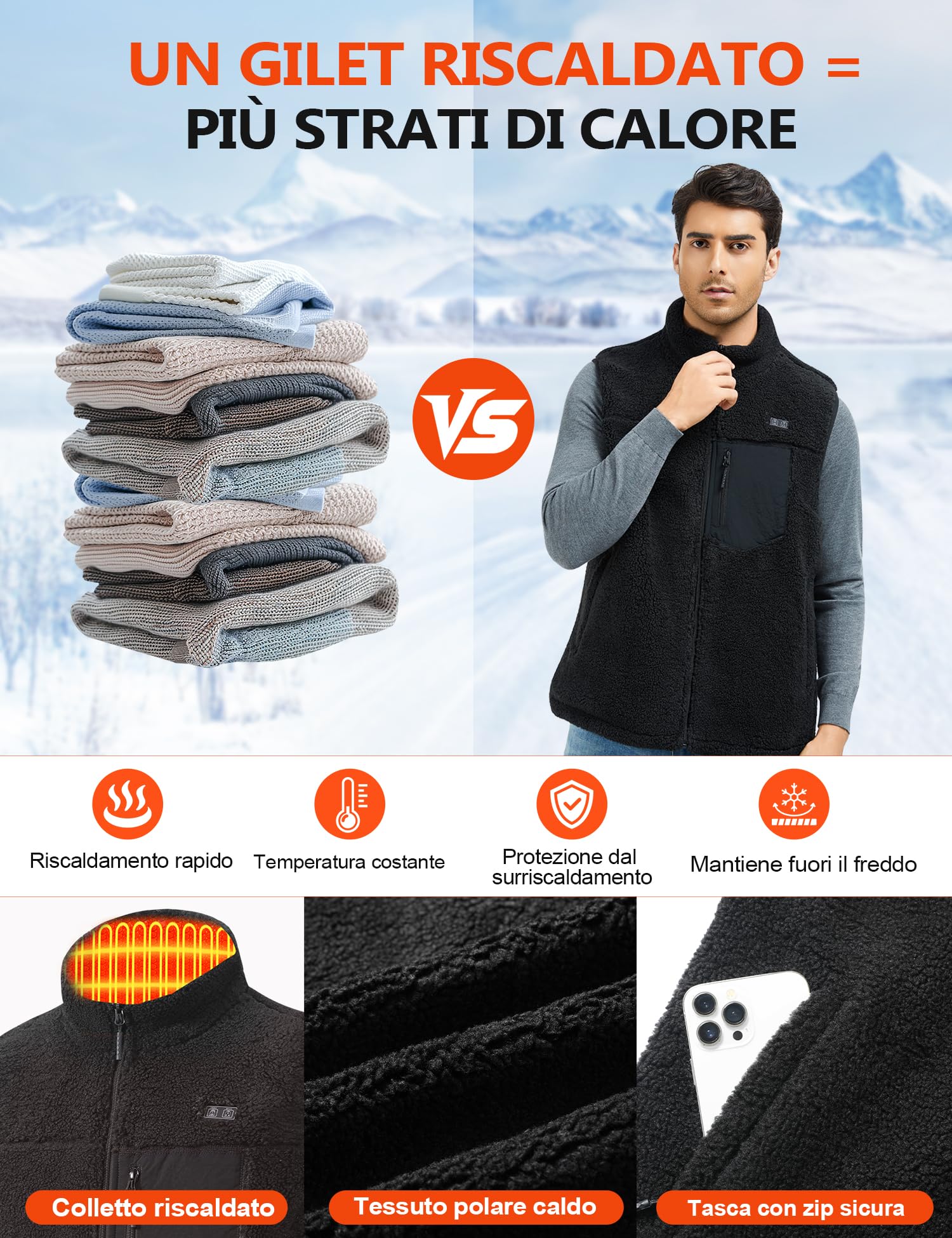 Gilet Riscaldato Uomo con Batteria 18400mAh 7.4V - Pile Sherpa, Riscaldamento Sicuro e Lungo, Lavabile in Lavatrice, Gilet Riscaldato Perfetto per Attività Outdoor