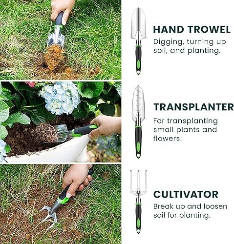 Miniatura 4 de Juego de herramientas de jardín resistentes de acero inoxidable de 11 piezas con bolsa de mano, herramientas de jardinería premium y herramientas