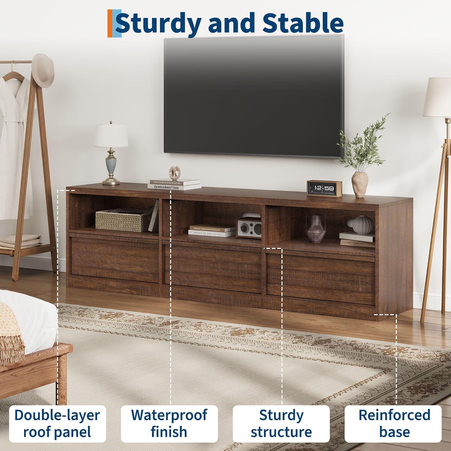 IDEALHOUSE 70 inch TV Stand for 80" TVs, Mid Century Modern Entertainment Center with Storage Drawer & Open Shelves, Wood Media Console Cabinet for Living Room/Bedroom, Vintage - Image 9