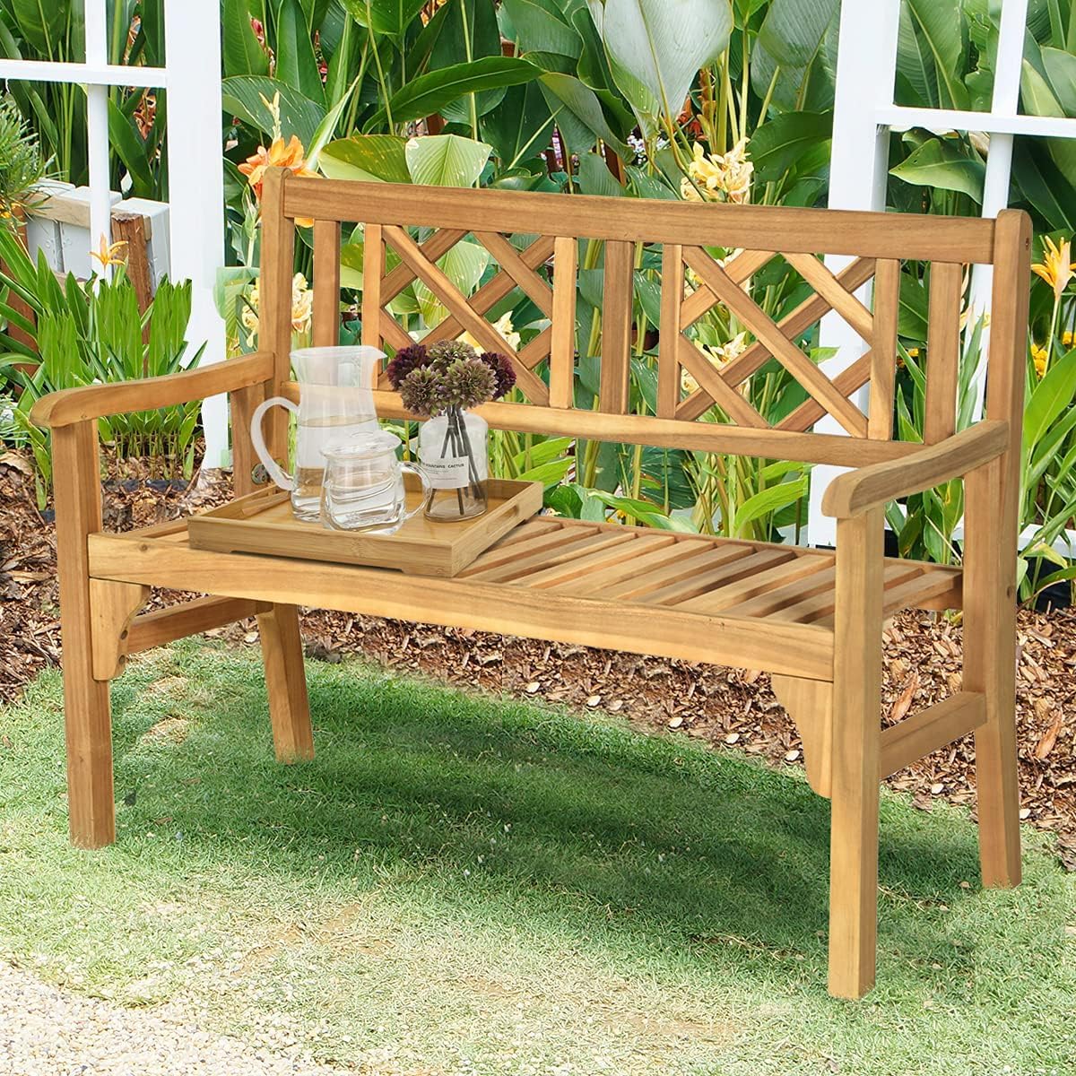 RELAX4LIFE Banco de Jardín Plegable de Madera Acacia con Reposabrazos para 2-3 Personas, Banco Exterior Ergonómico para Terraza, Balcón y Jardín, 120 x 56 x 90 cm, Carga 320 kg, Natural