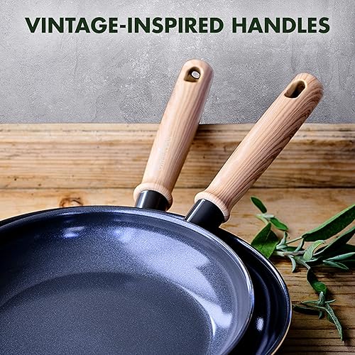 Miniatura 7 de GreenPan Hudson Healthy Ceramic - Juego de sartenes antiadherentes de 9.5 y 11 pulgadas, mango inspirado en madera vintage, sin PFAS, apto para