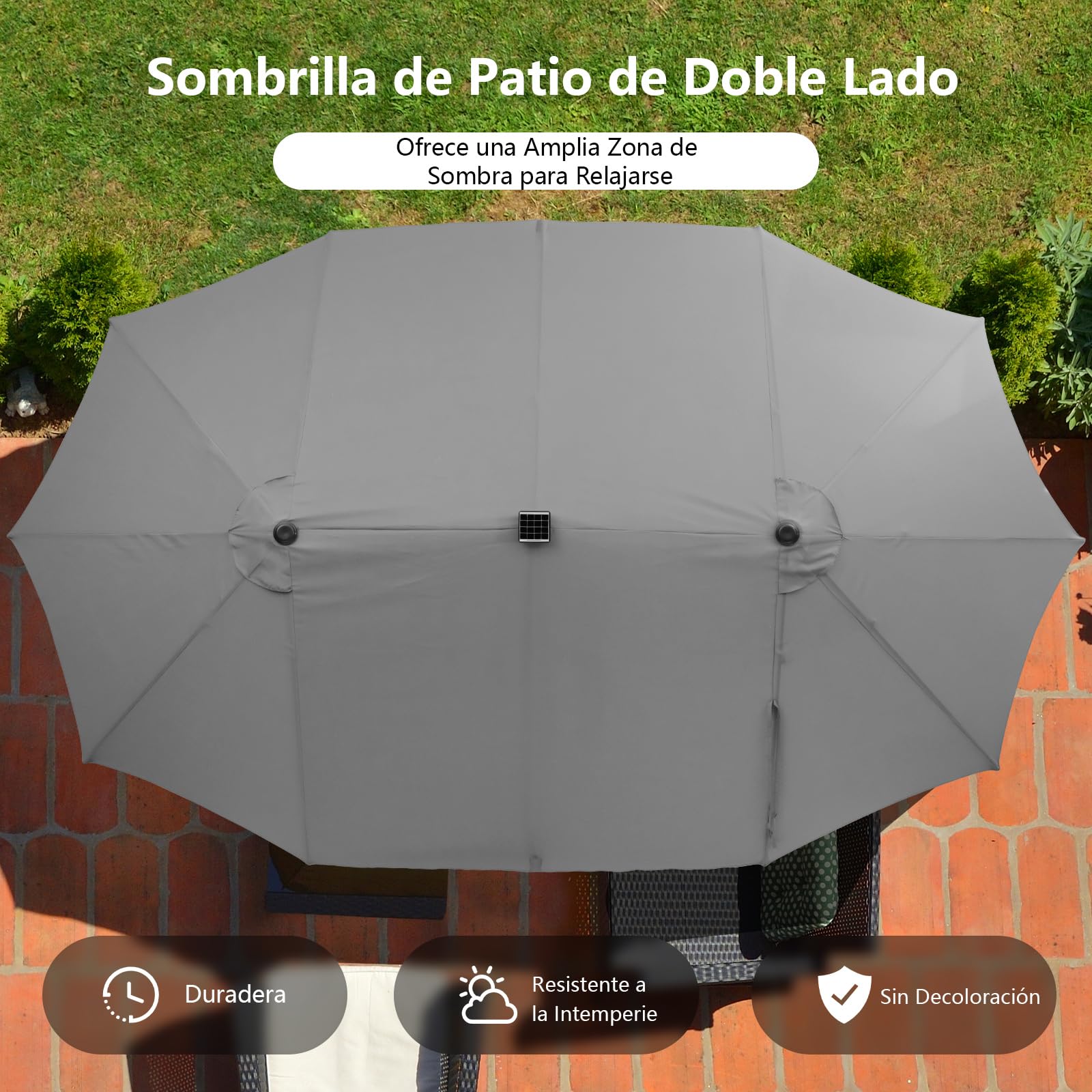 COSTWAY Sombrilla Terraza Exterior Doble, Sombrillas Jardin Grandes con 48 Luces LED y Base, Panel Solar de Carga automática, Manivela, Parasol Terraza Exterior (470 x 280 cm (con LED y Base),Gris)