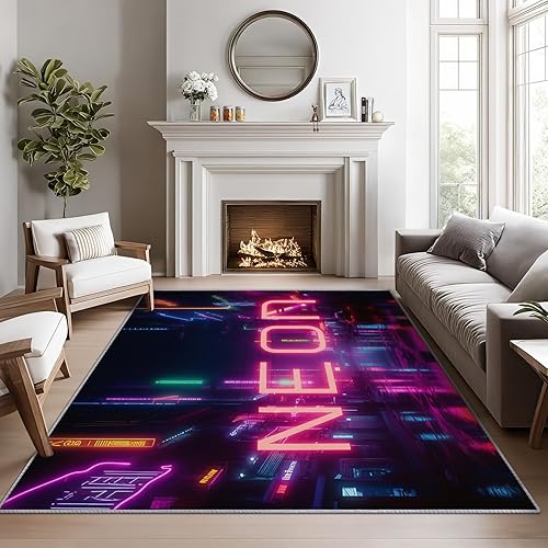 Alfombras de neón para sala de juegos, alfombra de área de 8 x 10 pies, alfombra retro Cyberpunk City para dormitorio, alfombra futurista urbana
