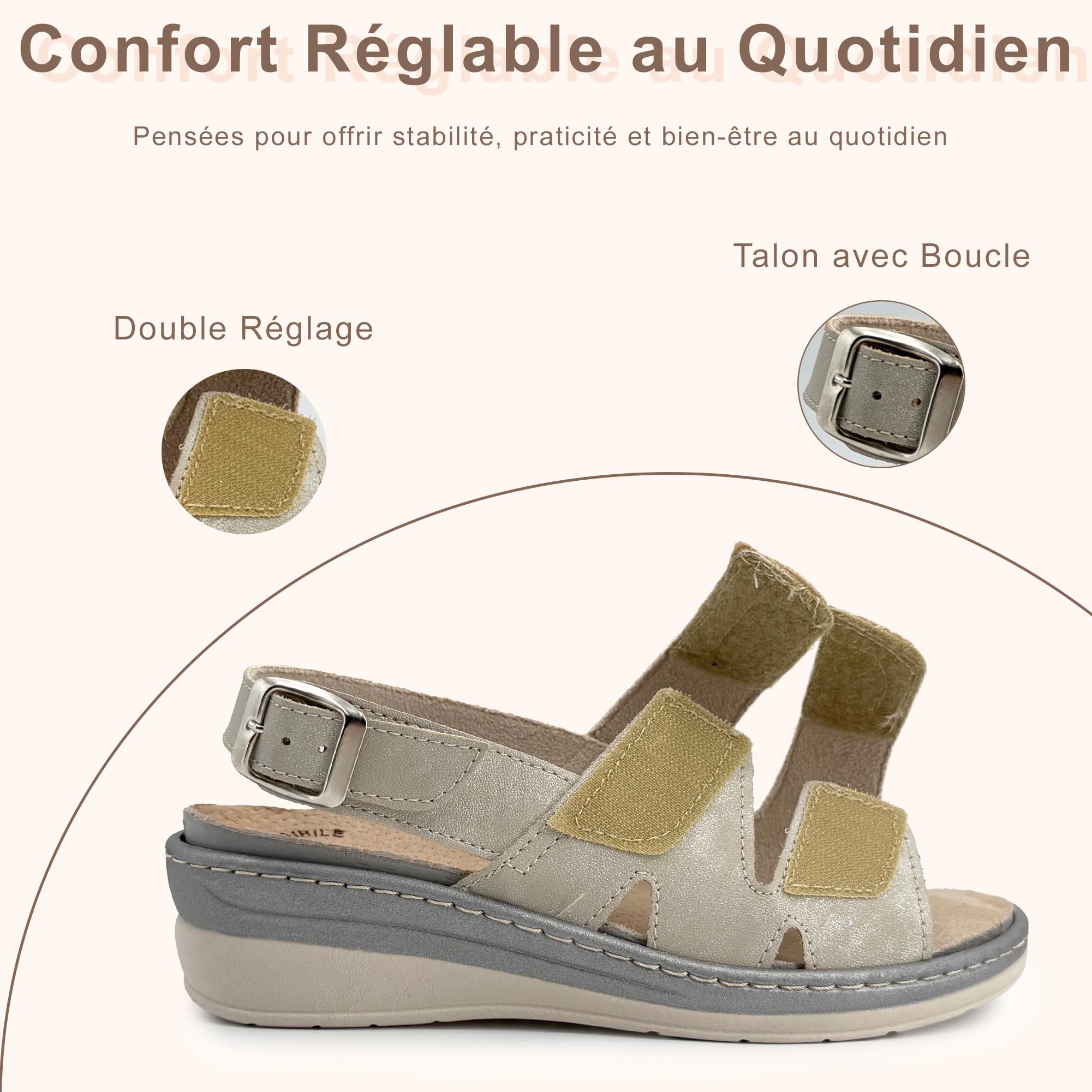 JOMIX Sandales Femme Confortables Orthopédiques à Scratch Compensées Réglables avec Boucle Semelle Amovible en Cuir Modèle Ergonomique Anatomique pour l’Été