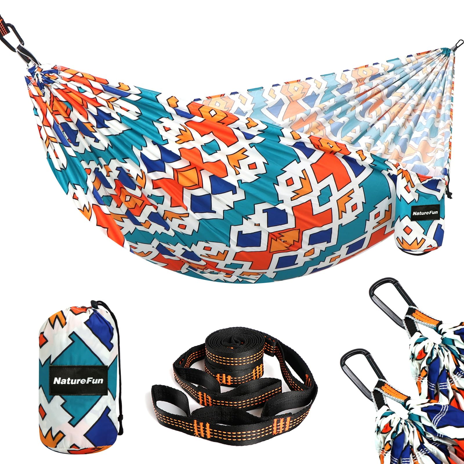 NATUREFUN Ultraleichte Reise Camping Hängematte | 300kg Tragkraft Fallschirm Nylon Atmungsaktiv, Schnelltrocknendes| 2 x Karabiner,2 x Schlingen| Drinnen Draußen Garten