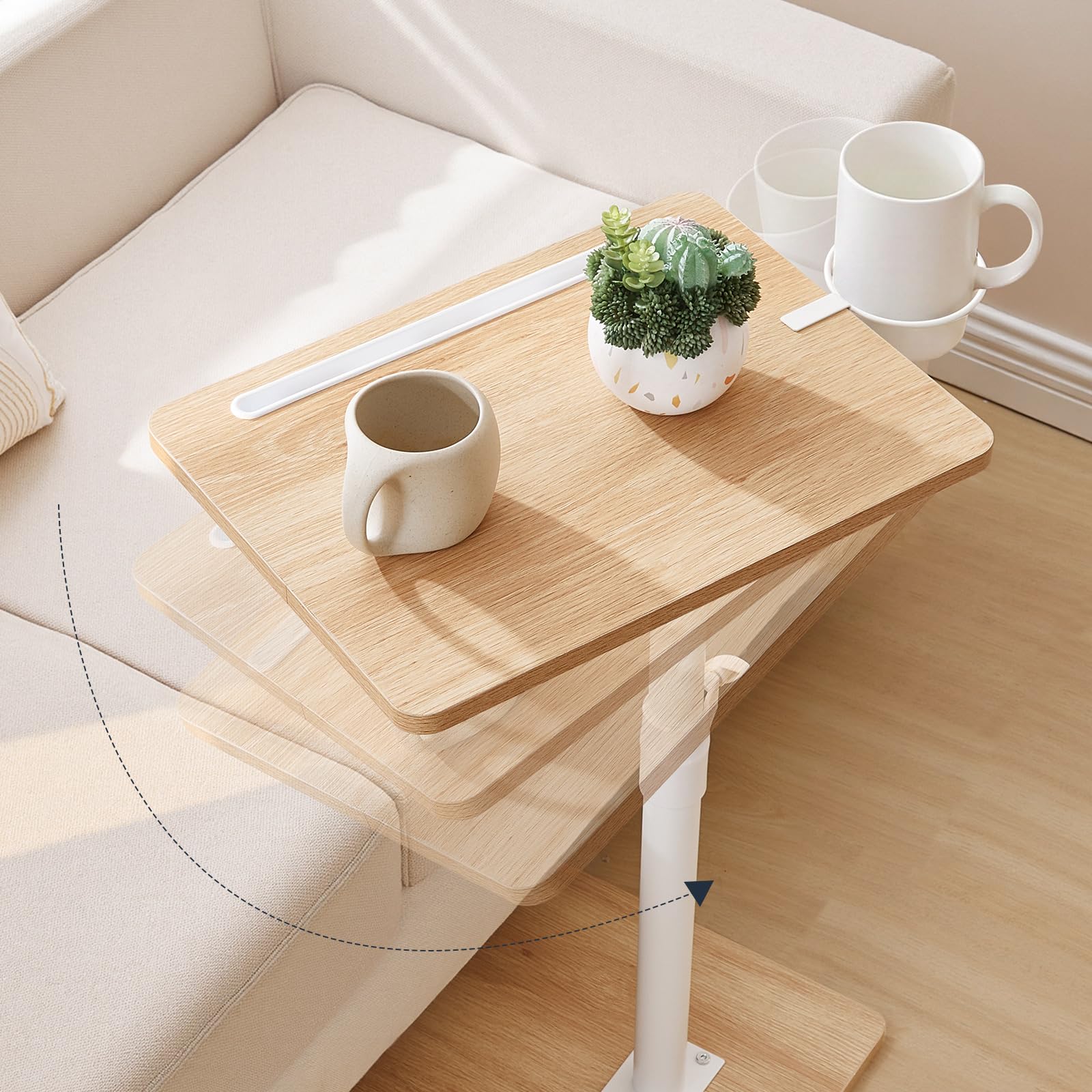HOOBRO Mesa Auxiliar en Forma de C, Mesa de Sofá Giratoria 360°, Portavasos Extraíble y Ranura para Tableta, Salón, Dormitorio, Blanco y Natural EWN34SF01