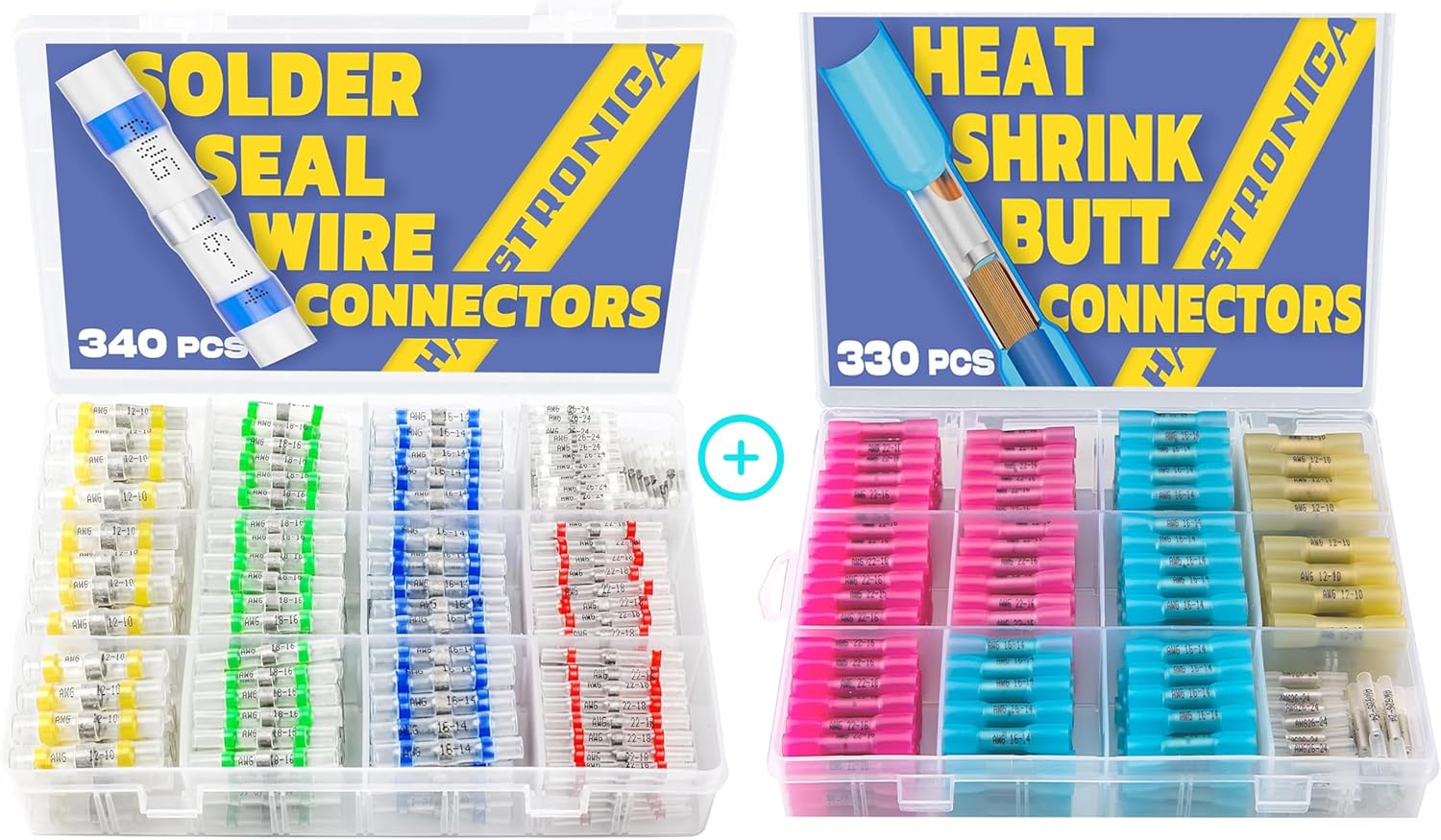 haisstronica 340PCS Solder Seal Wire Connectors+330PCS Heat Shrink Butt Connectors 26-10 Gauge Wire Connectors