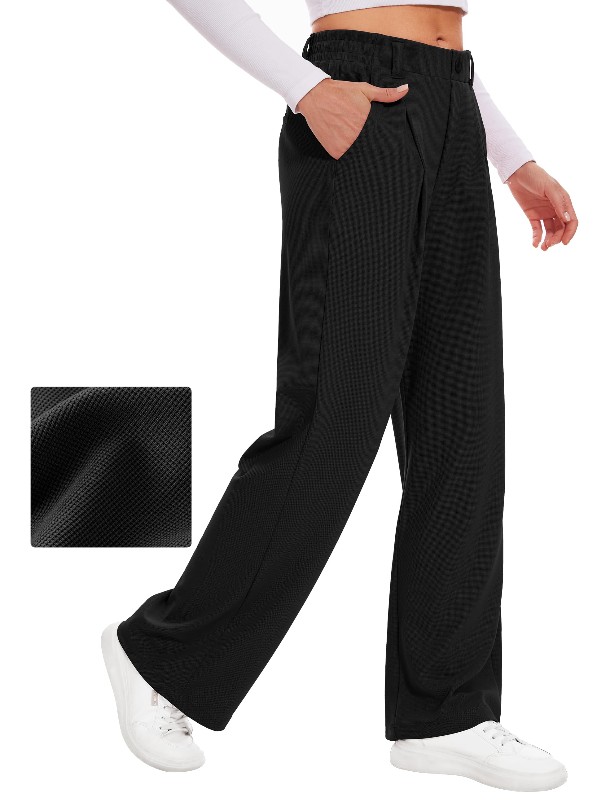 Desol Pantalones largos de gofre, pantalones largos de palazzo, elegantes pantalones de tela, pantalones de traje para mujer, pantalones anchos de verano con bolsillos, cintura alta, pantalones para