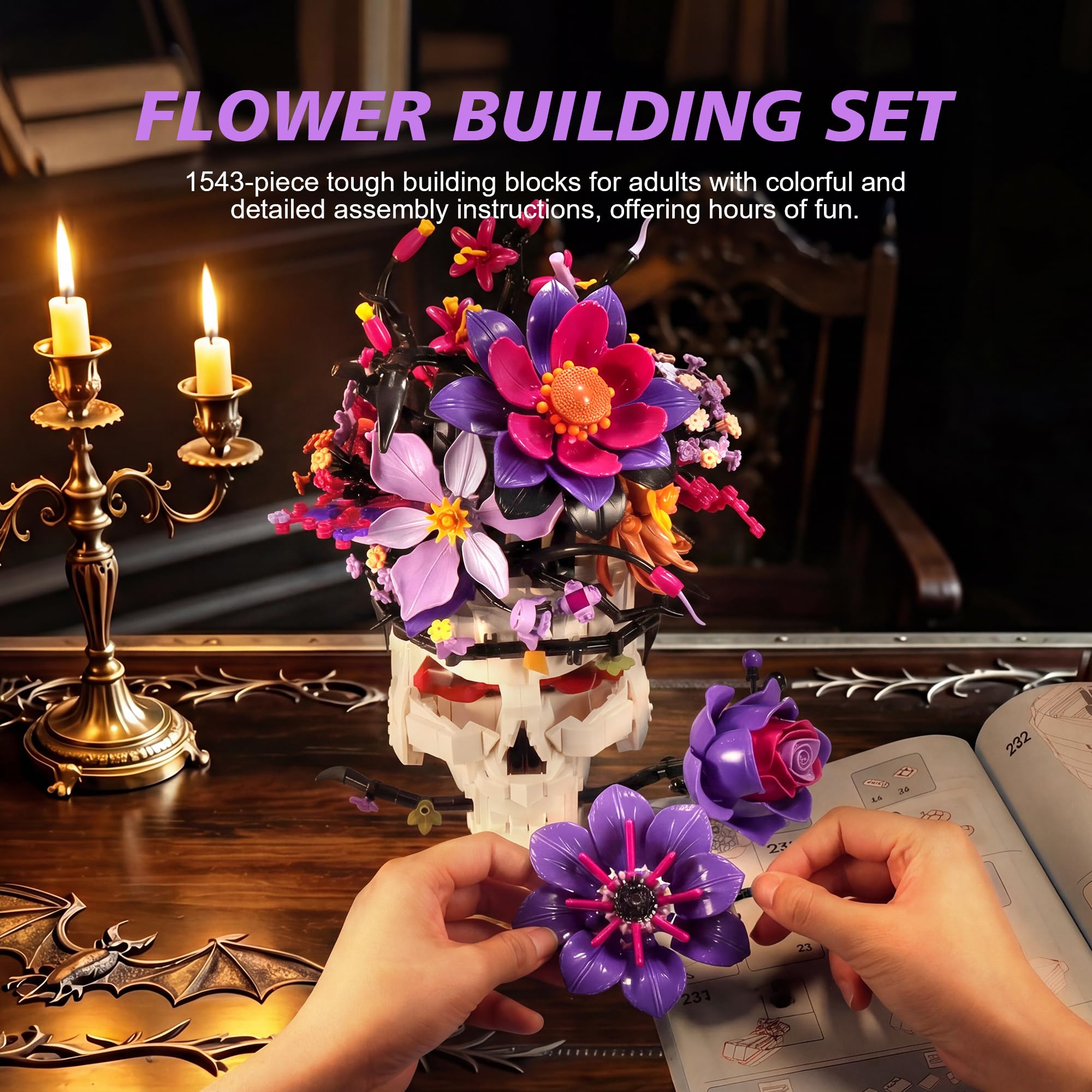 Goldlife Gothic Klemmbausteine Blumen mit Totenkopf-Vase, Blumenstrauß Bausteine für Erwachsene Frauen, Valentinstag Halloween Geburtstag Totenkopf Geschenke, Gothic Deko (Rose)