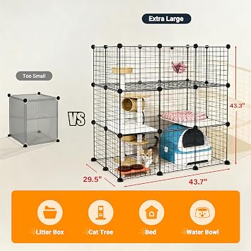 DIY Modular Cat Enclosure 3x3x2 Grid | Extra Large Indoor Cat Playpen | Foldable Black Wire Metal Cat Cage with Multi-Level Shelves | Approx. (43.7 x 29.5 x 43.3)