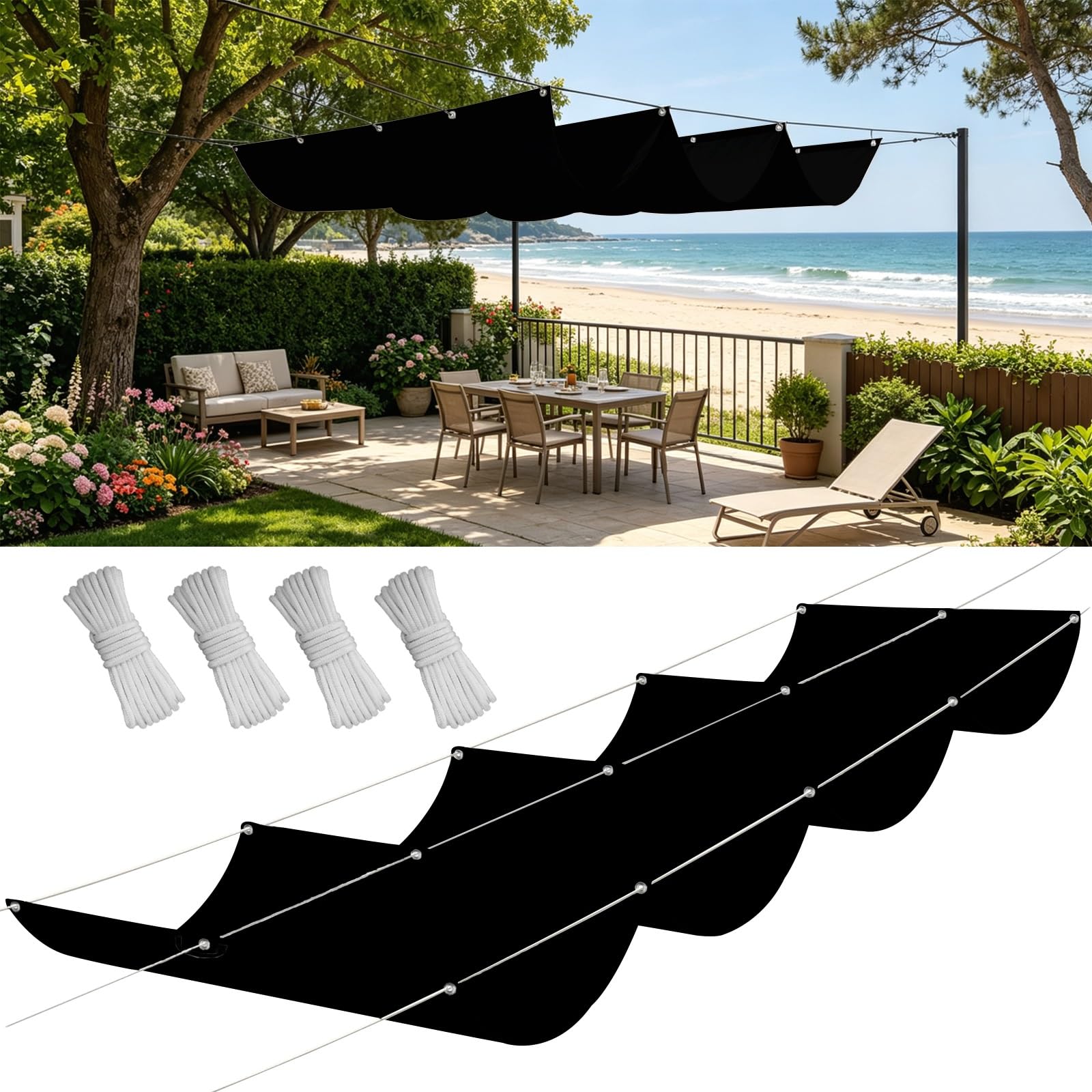 Voile d'ombrage rectangulaire 250x400 cm noir imperméable en toile tendue pour jardin